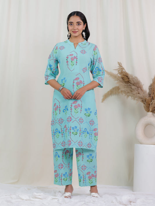 Soft Cotton Floral Straight Mint Green Kurta