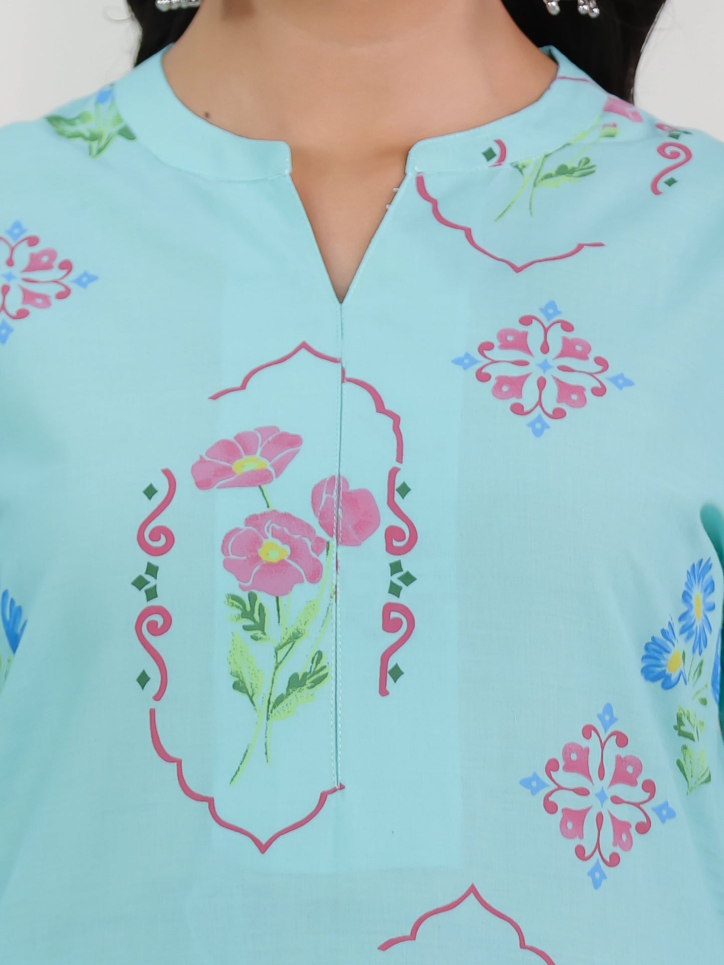 Soft Cotton Floral Straight Mint Green Kurta