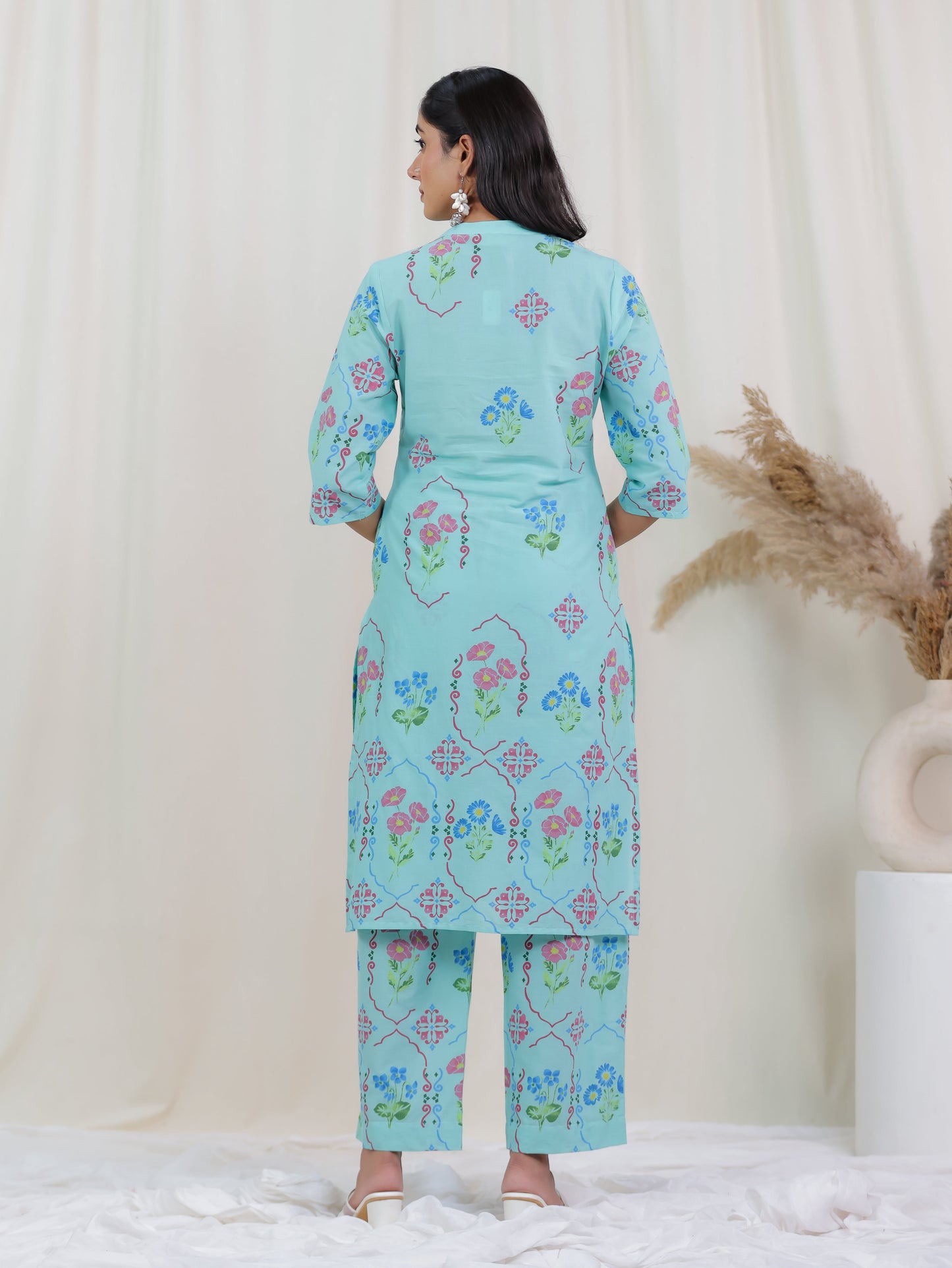 Soft Cotton Floral Straight Mint Green Kurta