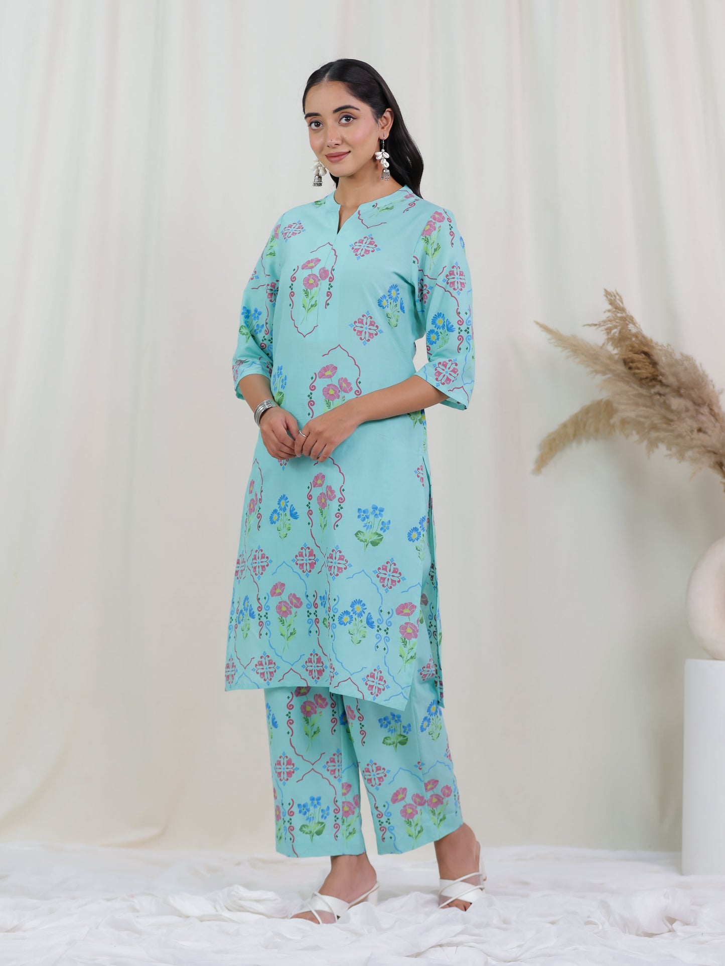 Soft Cotton Floral Straight Mint Green Kurta
