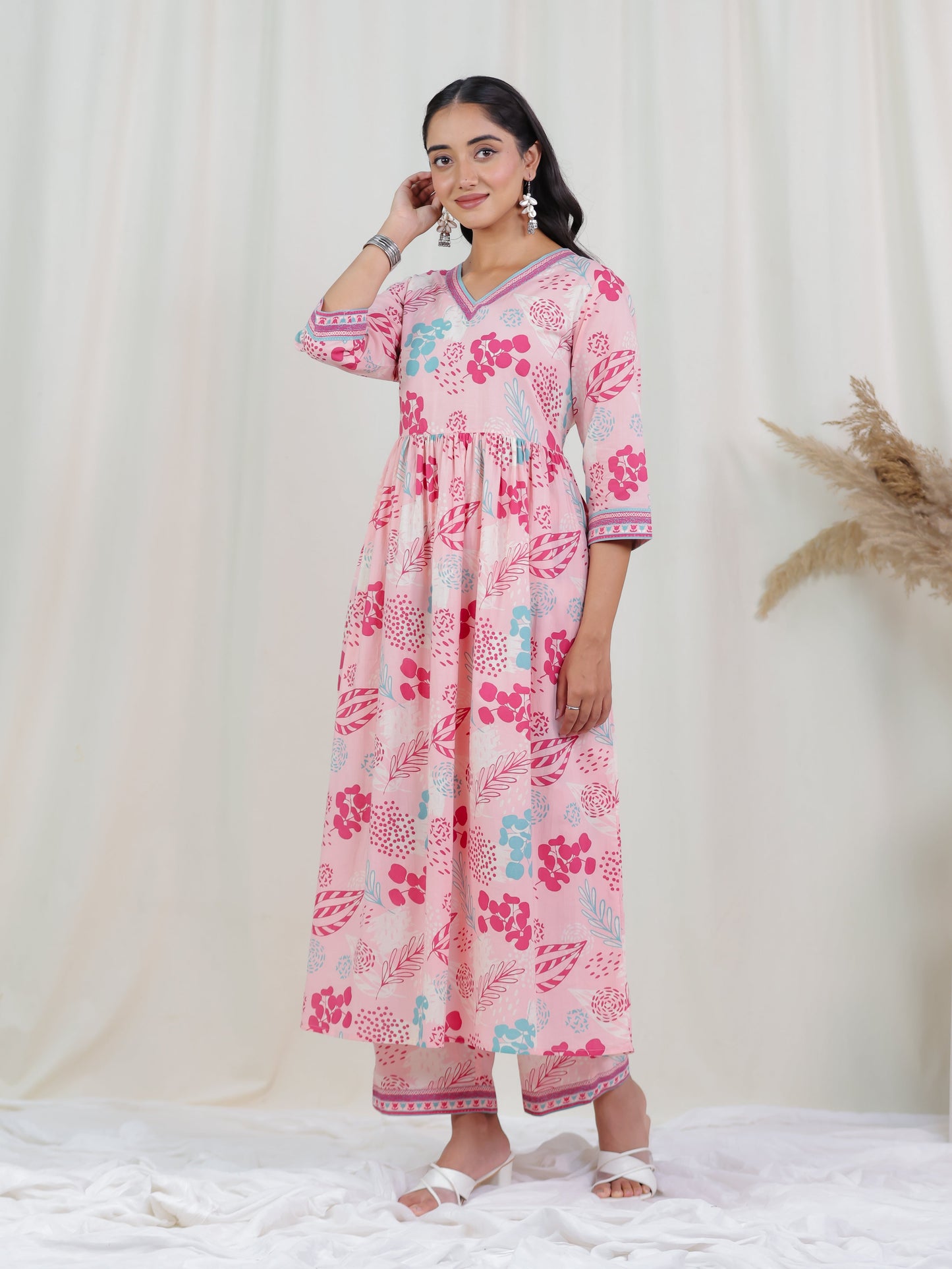 Soft Cotton Foliage Anarkali Peach Kurta