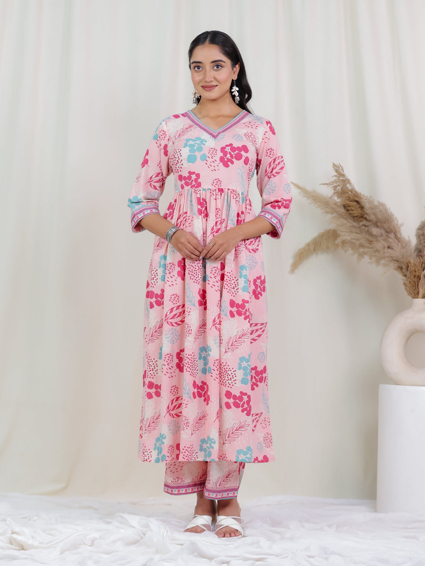 Soft Cotton Foliage Anarkali Peach Kurta