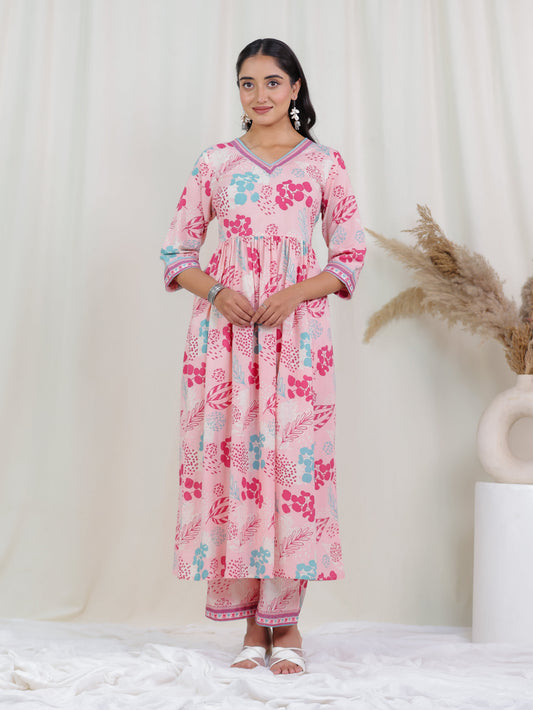Soft Cotton Foliage Anarkali Peach Kurta