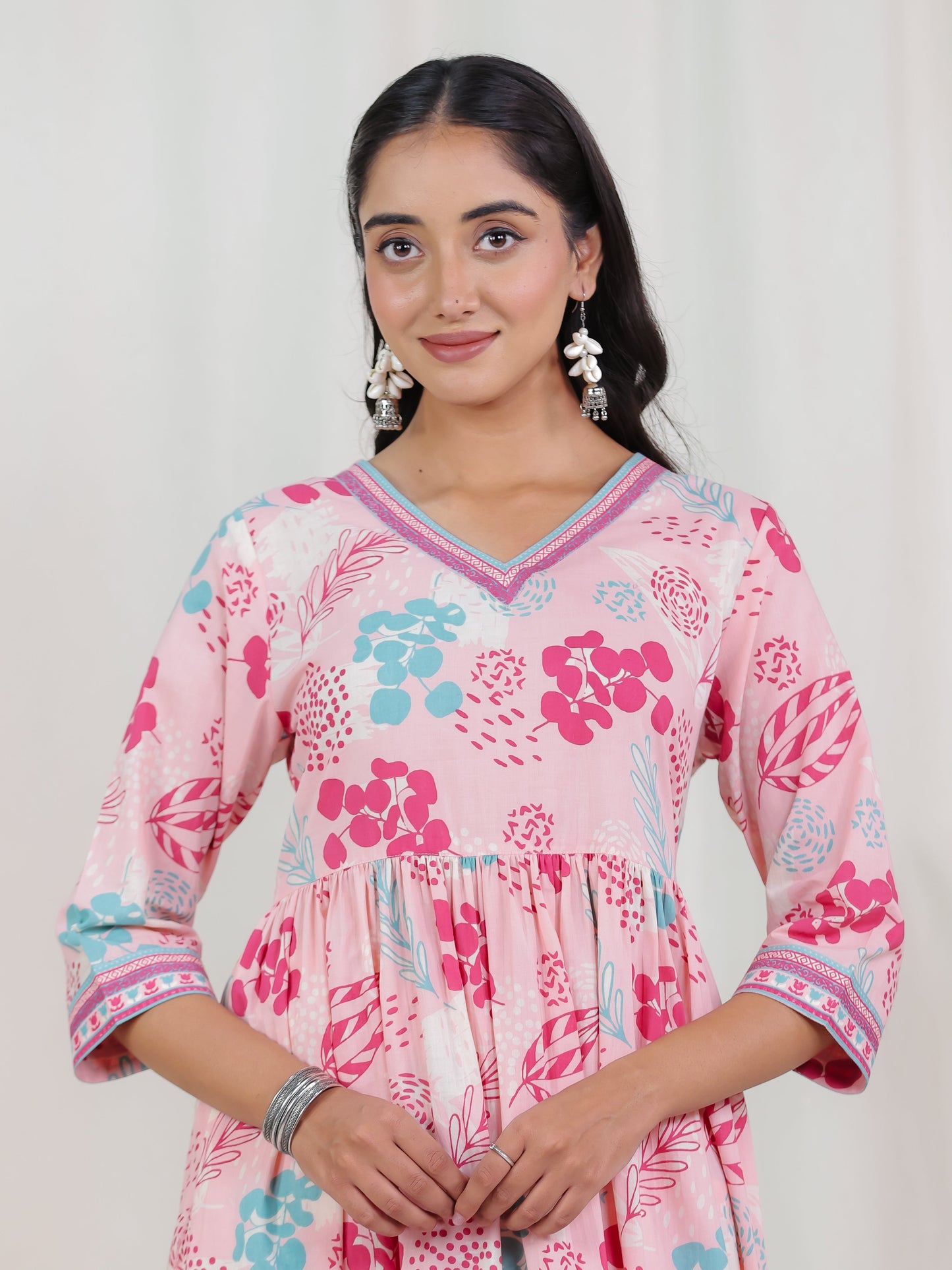 Soft Cotton Foliage Anarkali Peach Kurta
