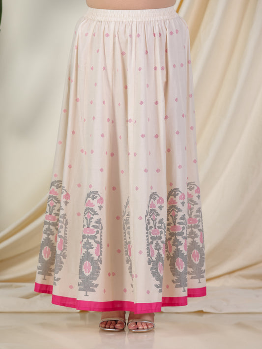 Soft Cotton Placement Print Cream Skirt