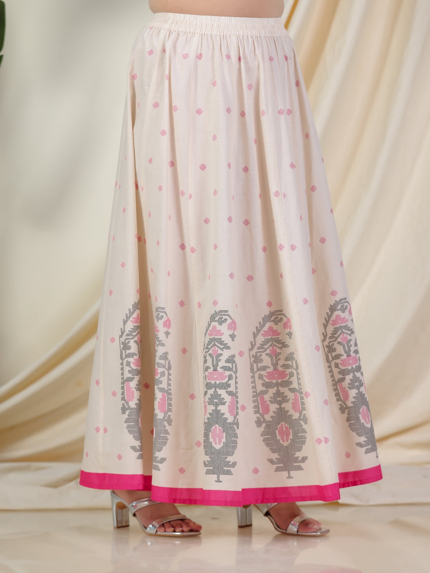 Soft Cotton Placement Print Cream Skirt