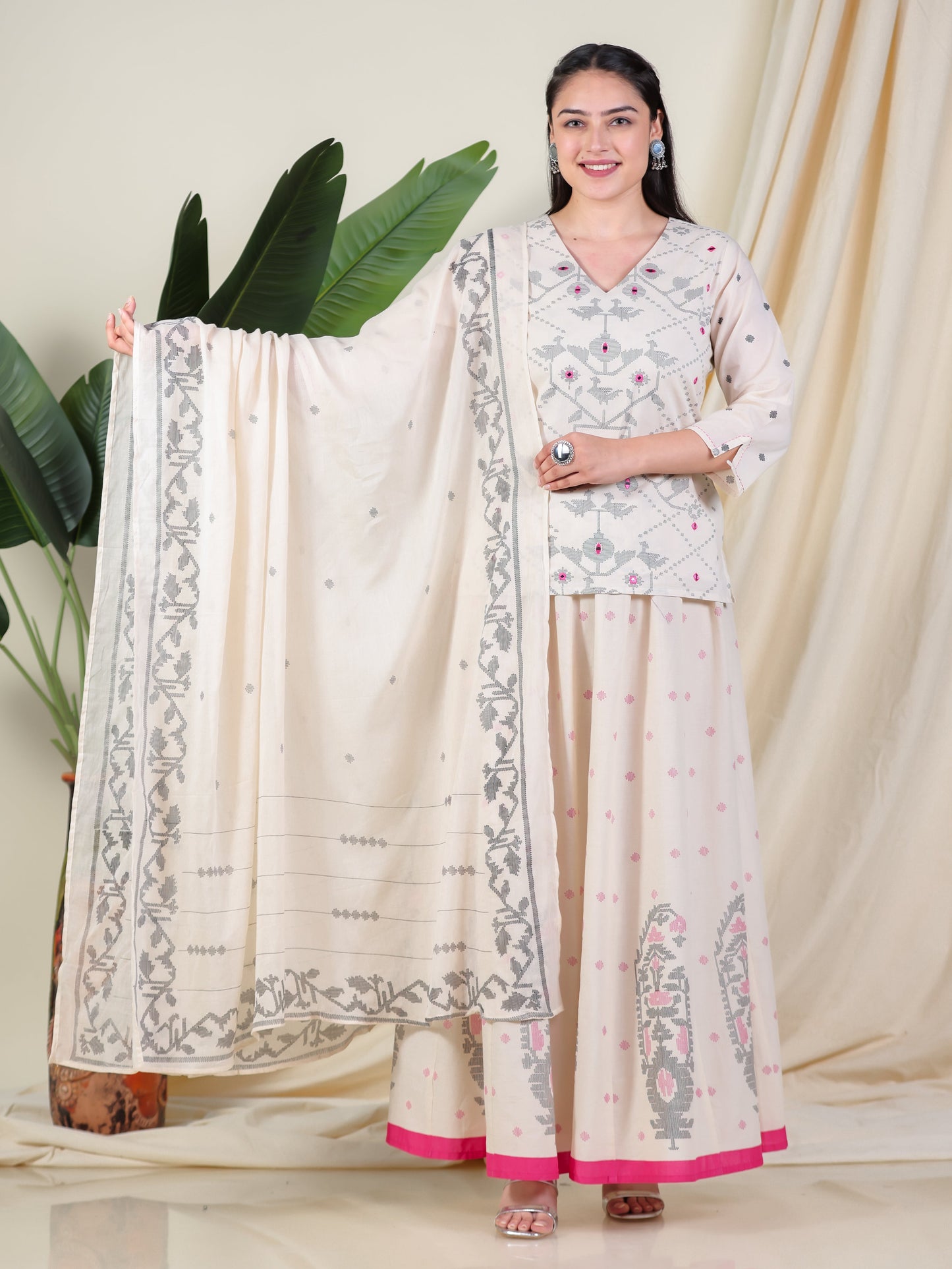 Cotton Voile Placement Print Cream Dupatta