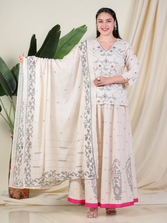 Cotton Voile Placement Print Cream Dupatta