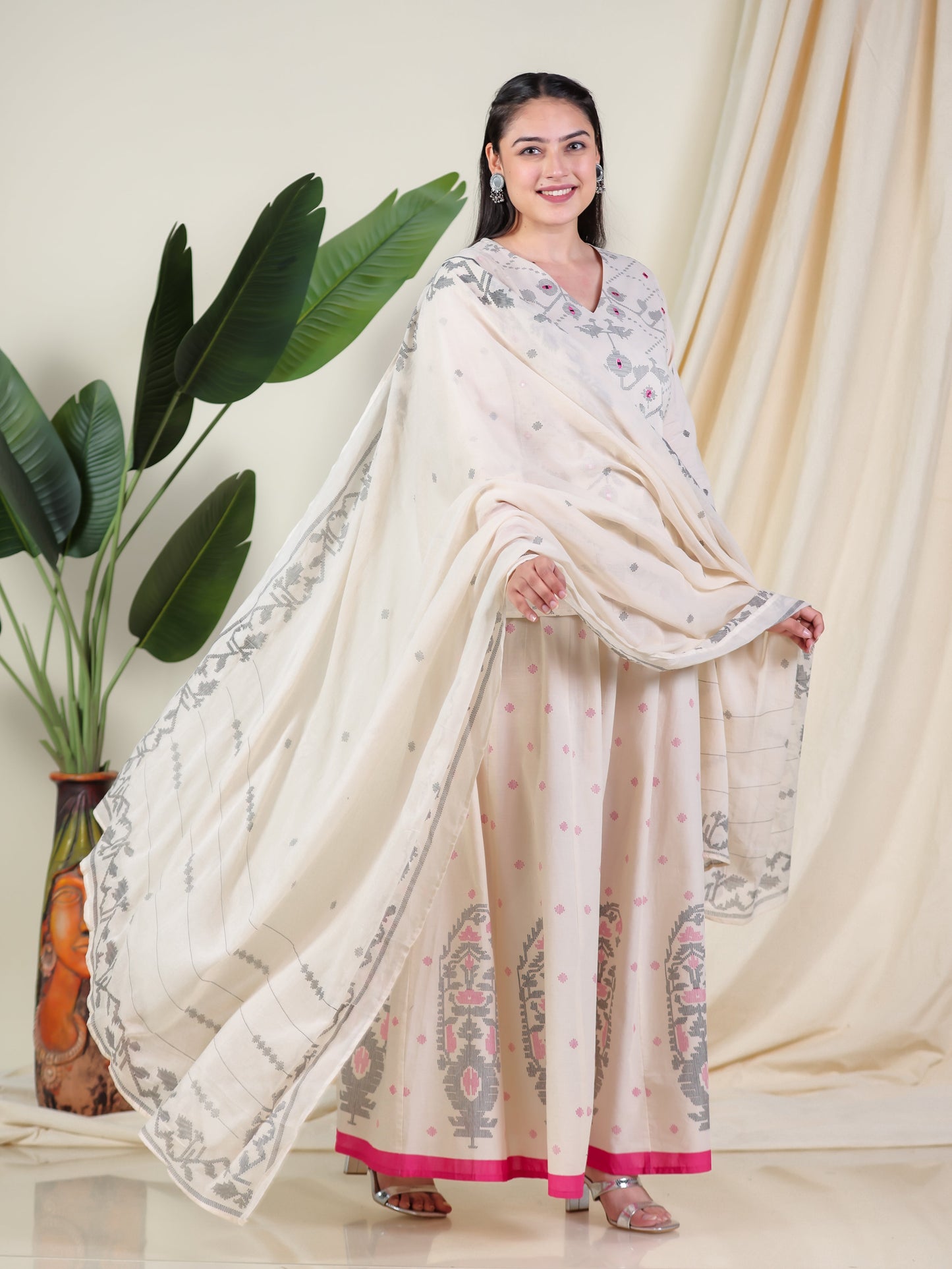 Cotton Voile Placement Print Cream Dupatta