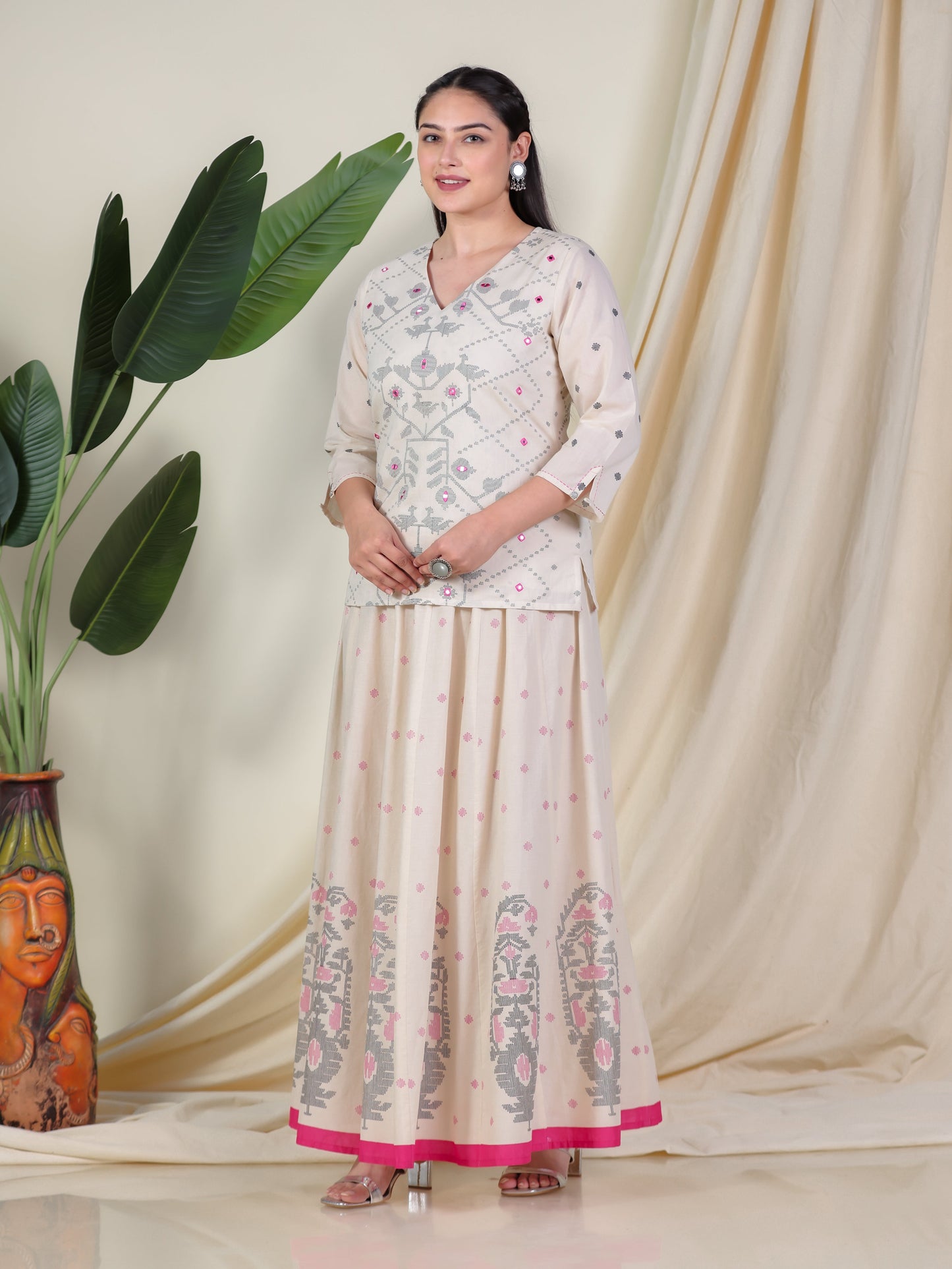 Embroidered Soft Cotton Placement Print Straight Cream Kurta