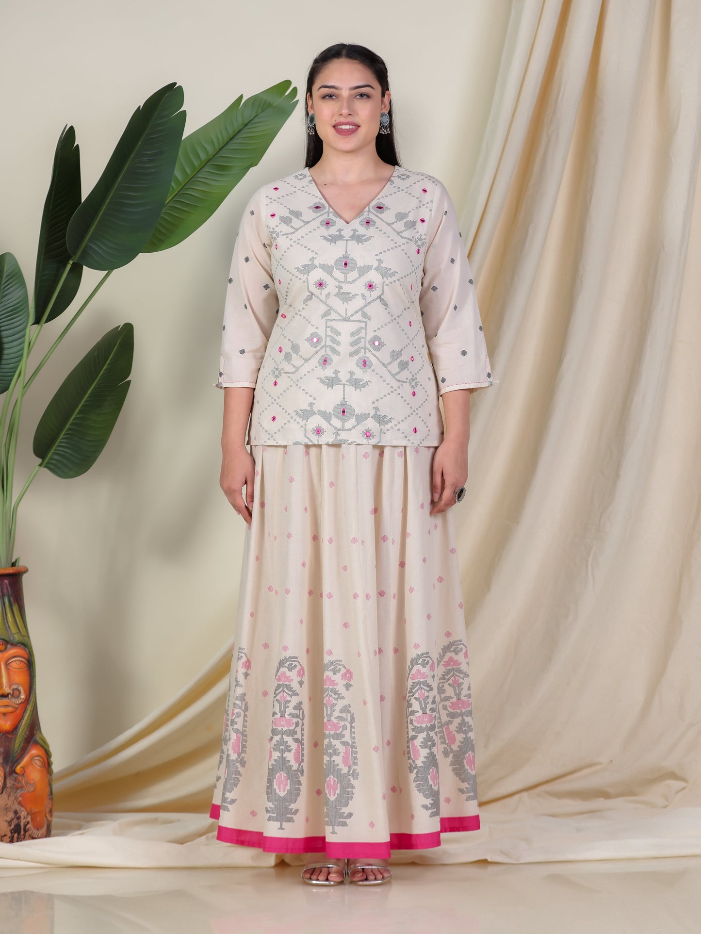 Embroidered Soft Cotton Placement Print Straight Cream Kurta