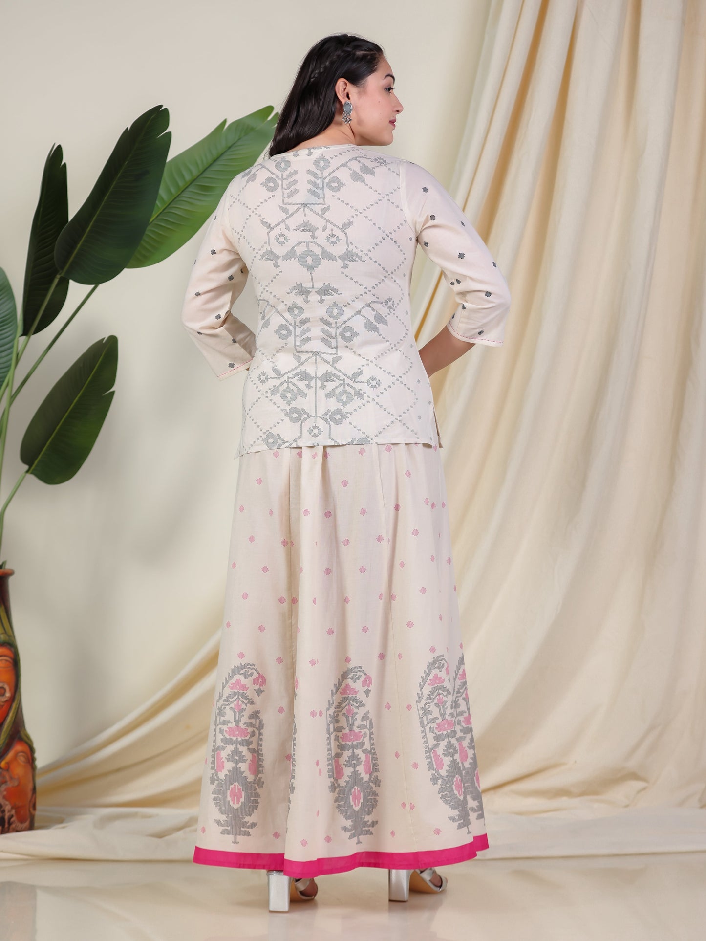 Embroidered Soft Cotton Placement Print Straight Cream Kurta