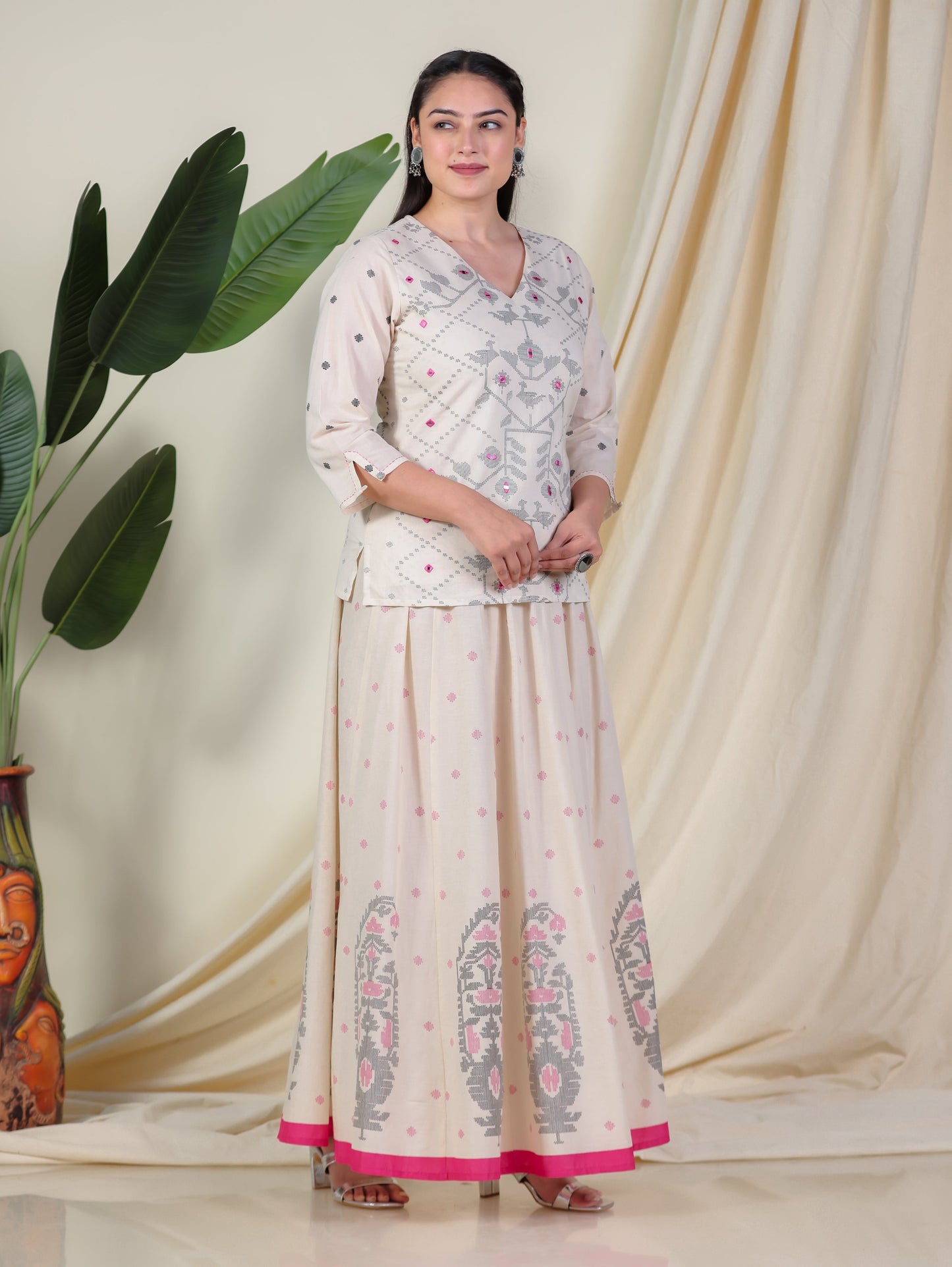 Embroidered Soft Cotton Placement Print Straight Cream Kurta
