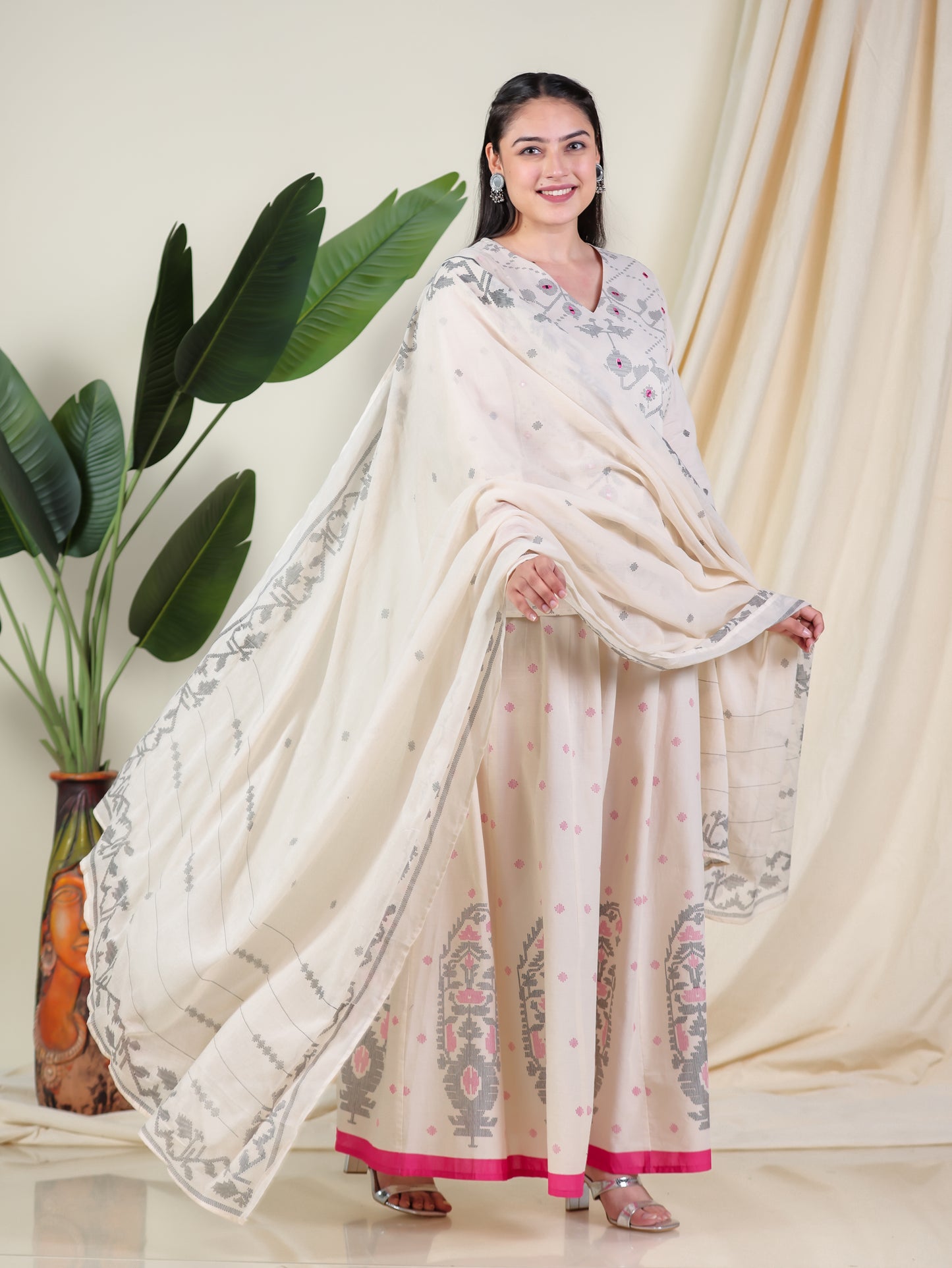 Embroidered Soft Cotton Placement Print Straight Cream Kurta