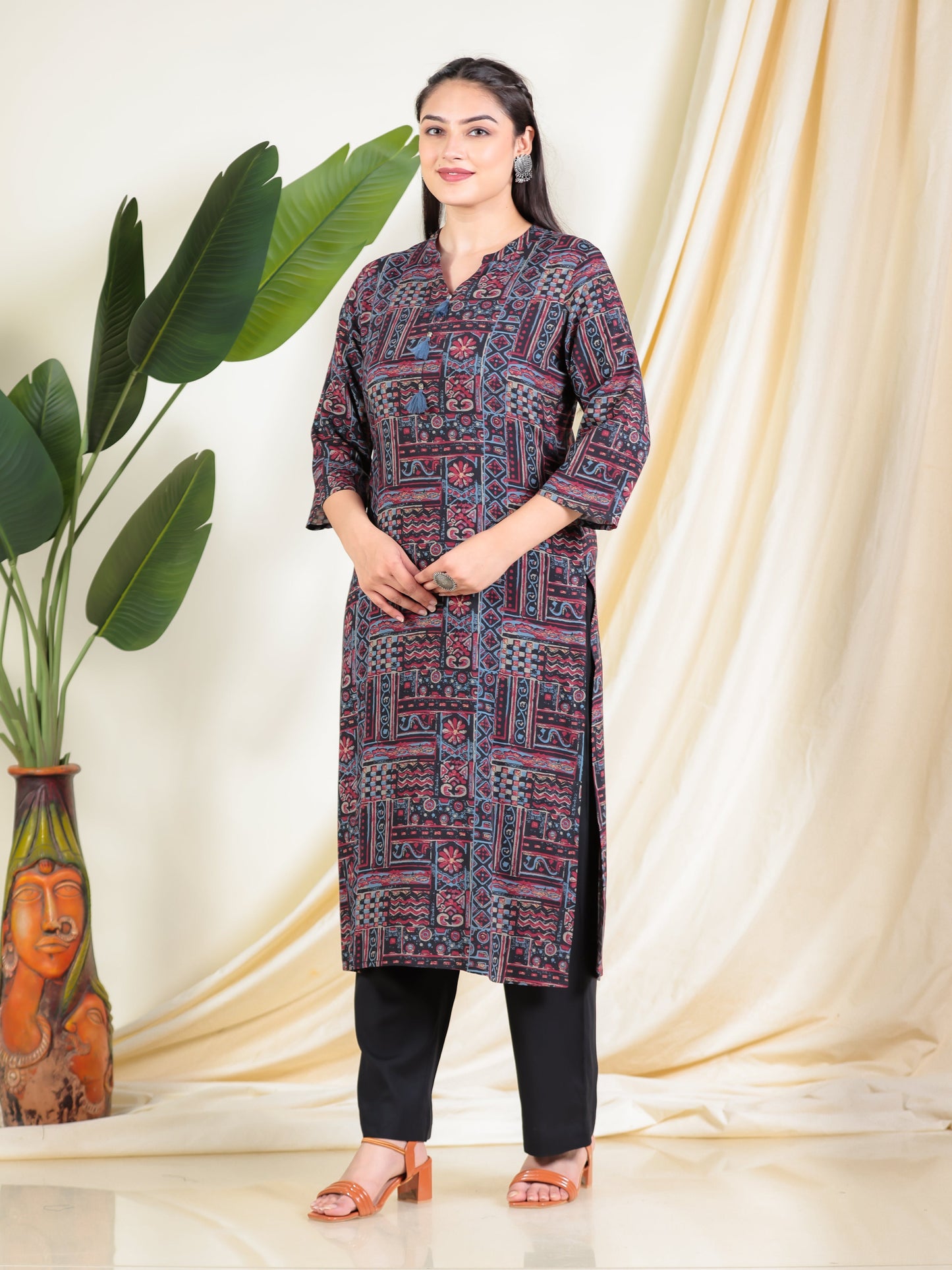 Viscose Patchwork Straight Black Kurta