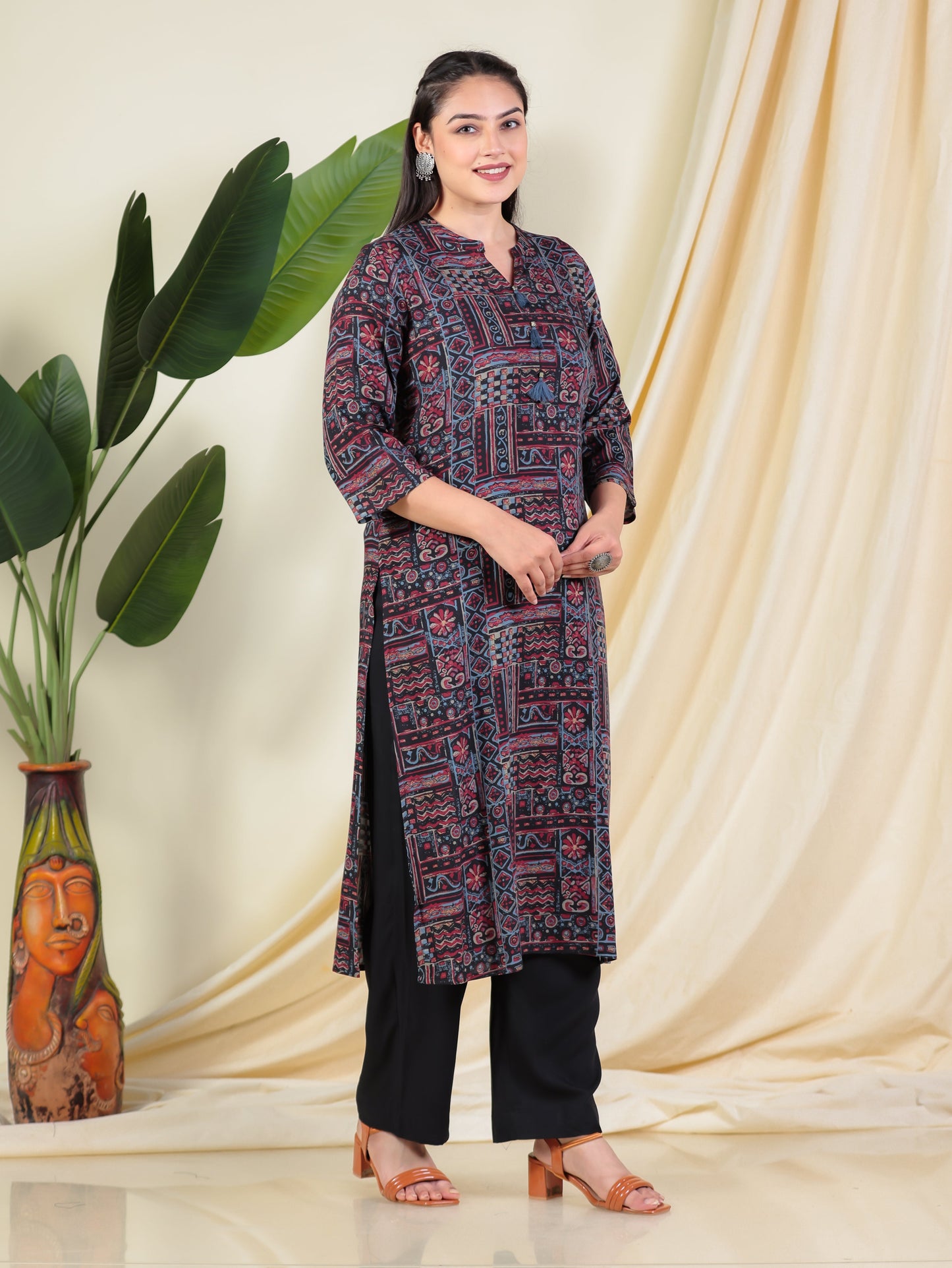 Viscose Patchwork Straight Black Kurta