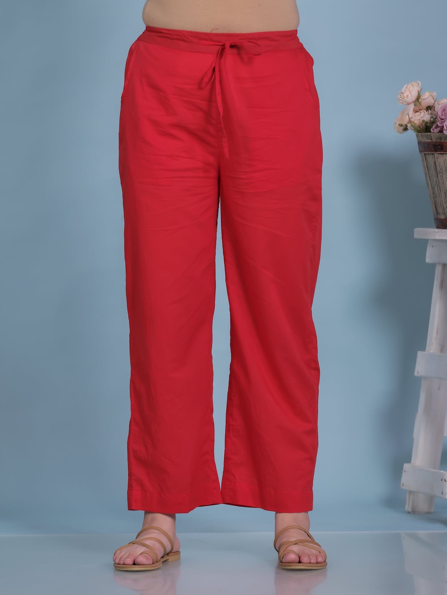 Soft Cotton Solid Red Straight Trousers