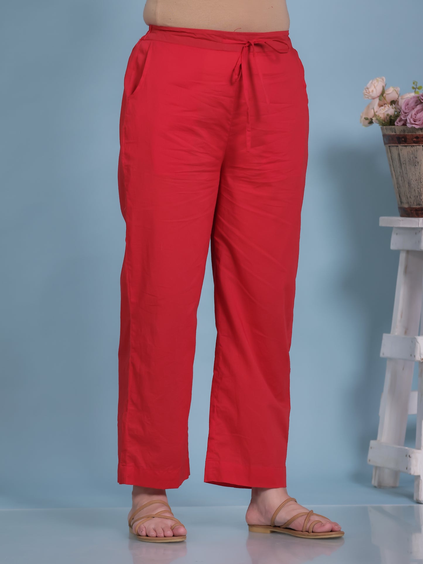 Soft Cotton Solid Red Straight Trousers