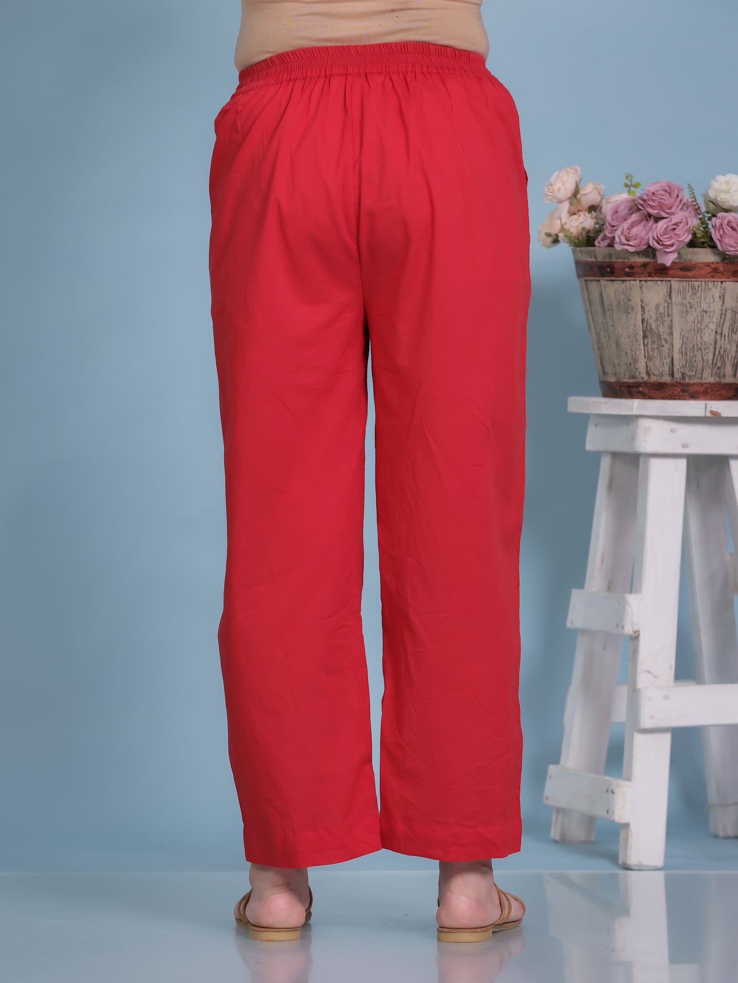 Soft Cotton Solid Red Straight Trousers