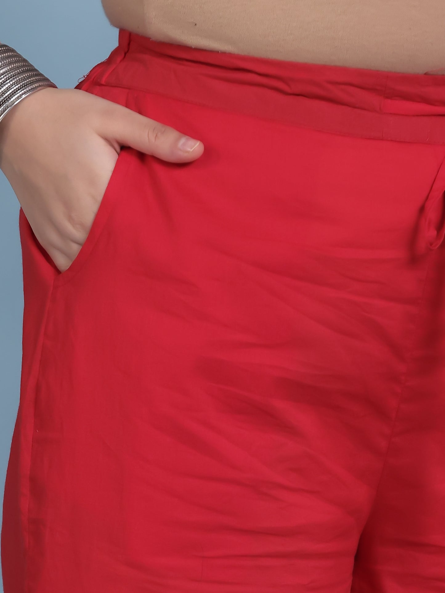 Soft Cotton Solid Red Straight Trousers