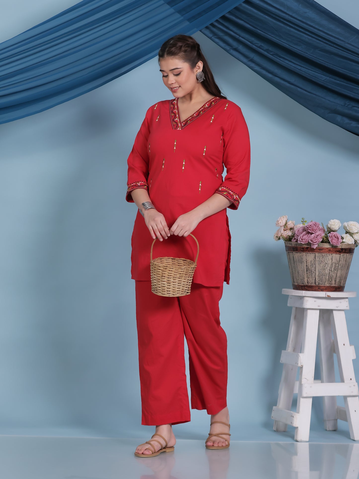 Embroidered Soft Cotton Solid Straight Red Kurta
