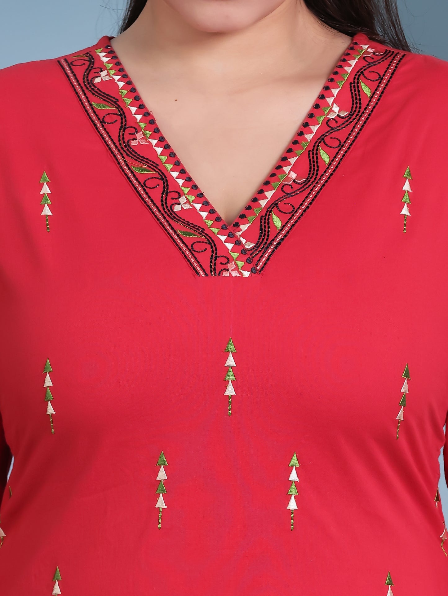 Embroidered Soft Cotton Solid Straight Red Kurta
