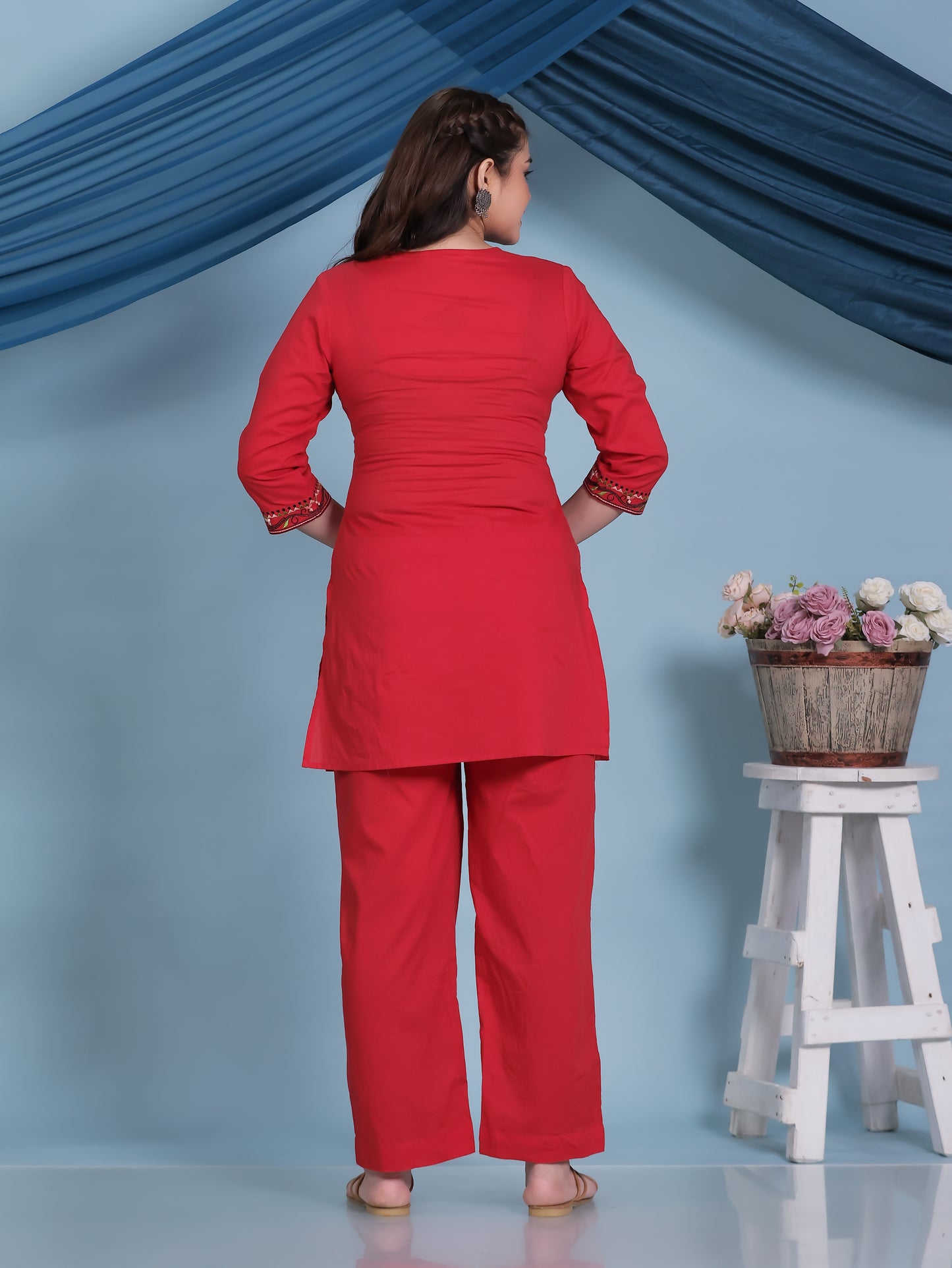 Embroidered Soft Cotton Solid Straight Red Kurta