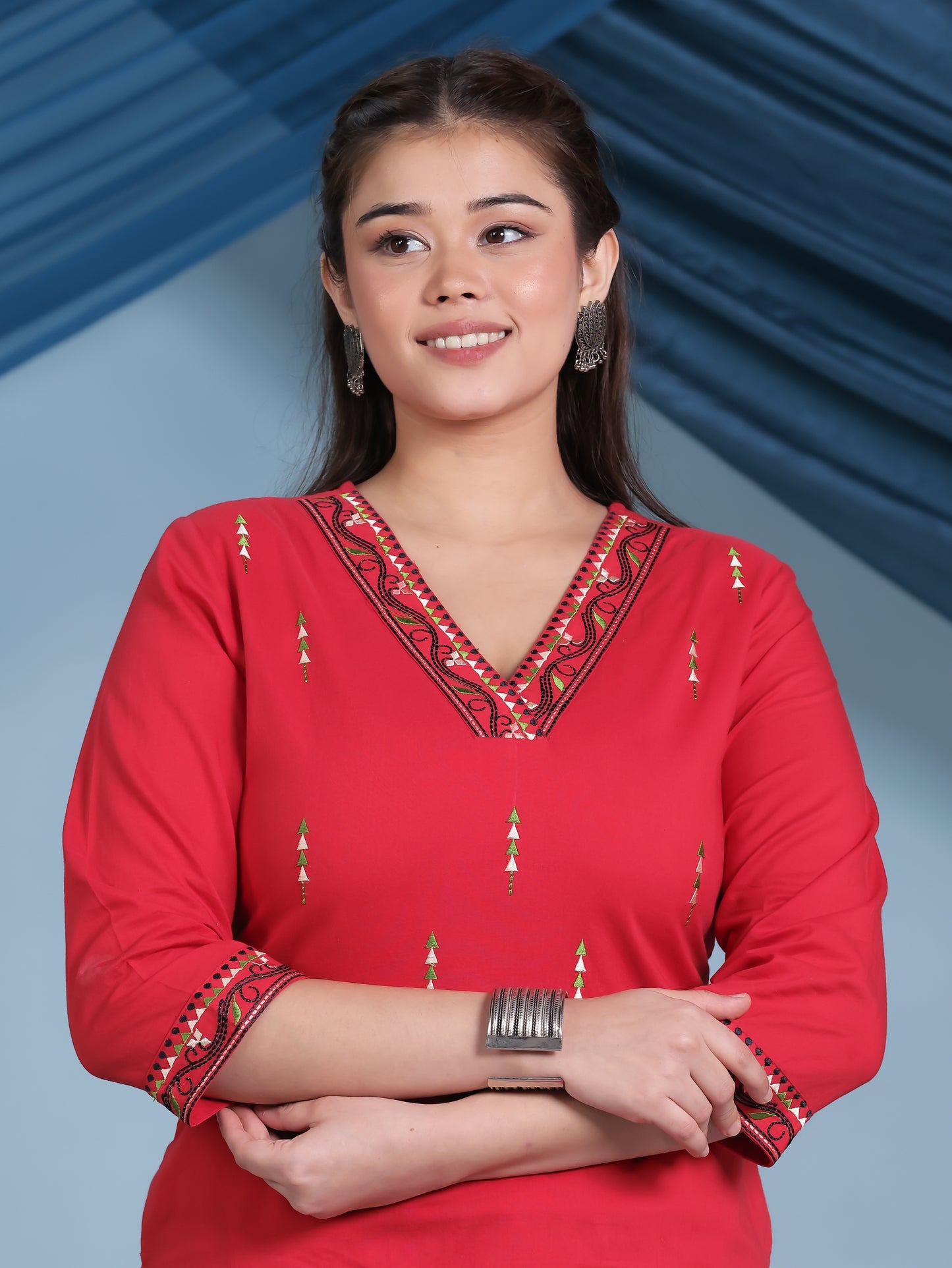 Embroidered Soft Cotton Solid Straight Red Kurta