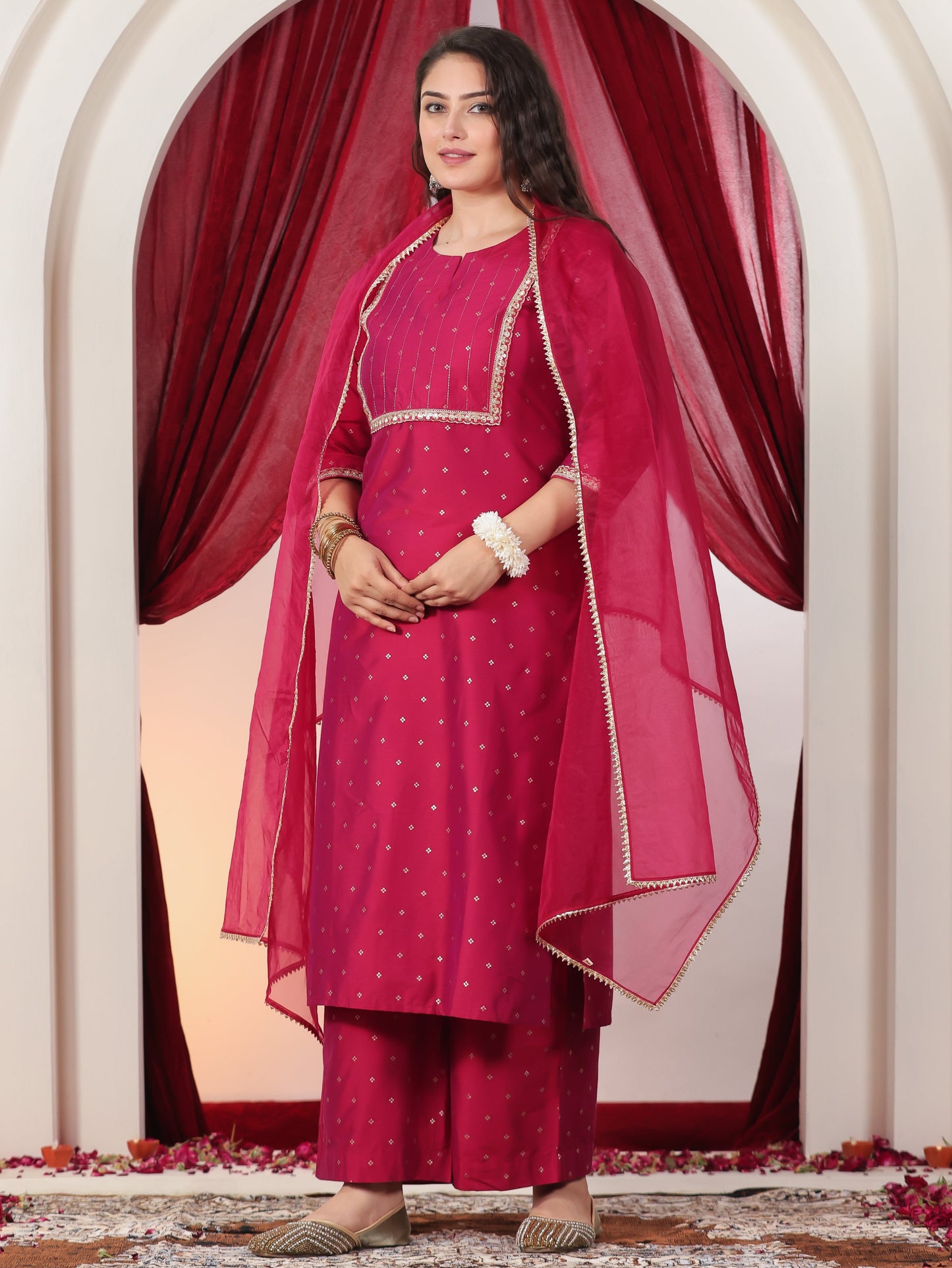 Chanderi Gold foil Straight Pink Kurta