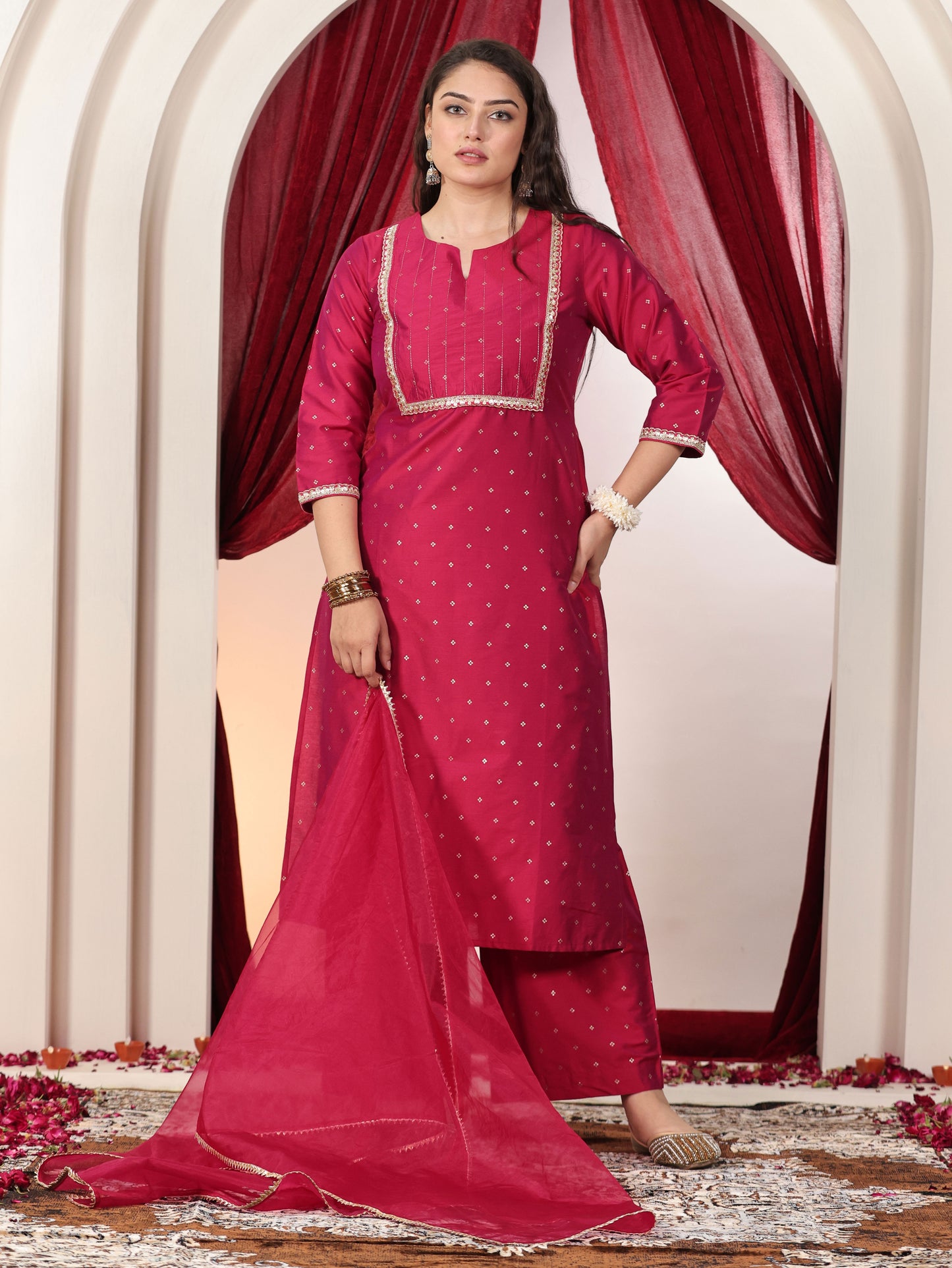 Chanderi Gold foil Straight Pink Kurta