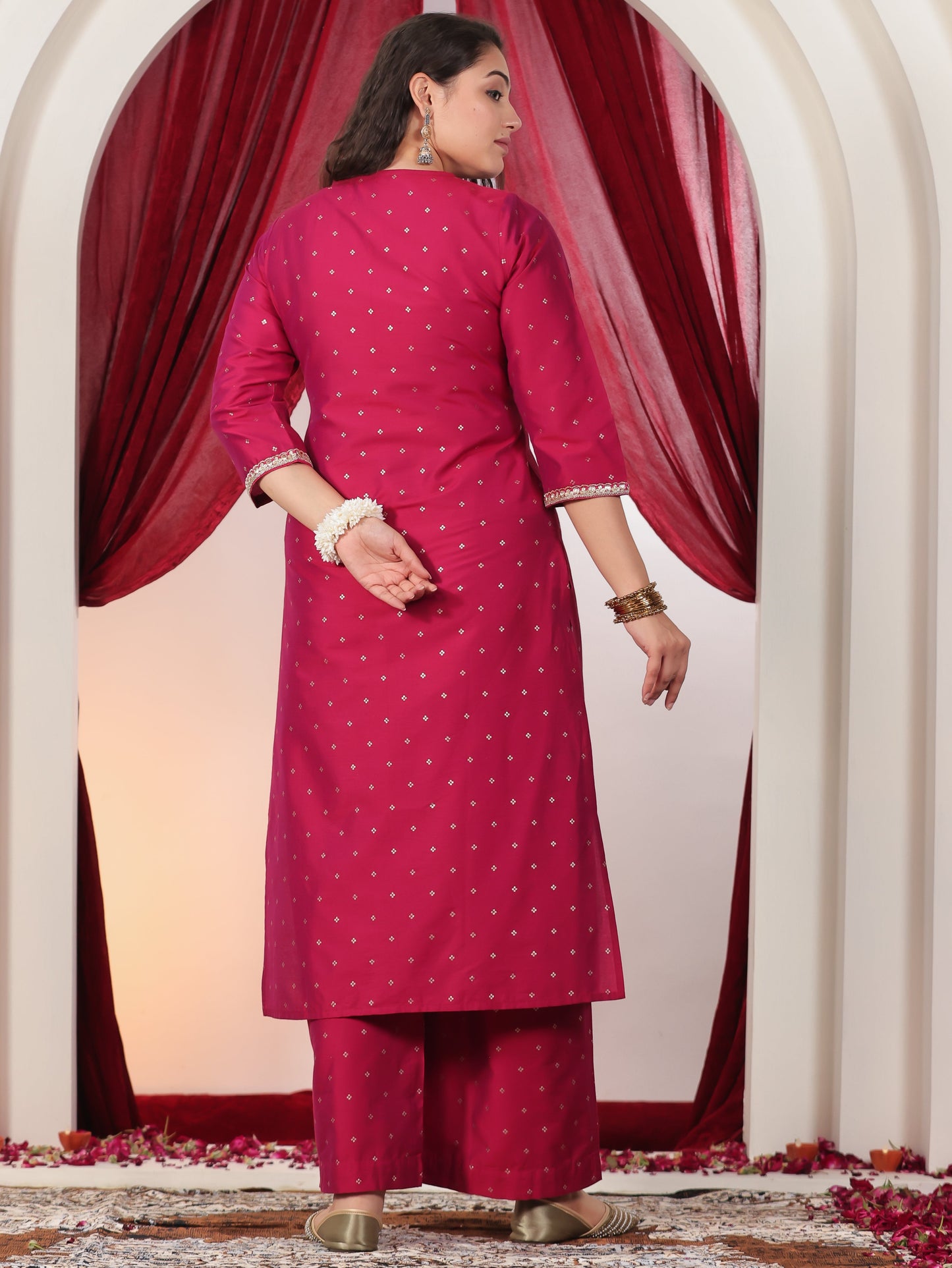 Chanderi Gold foil Straight Pink Kurta