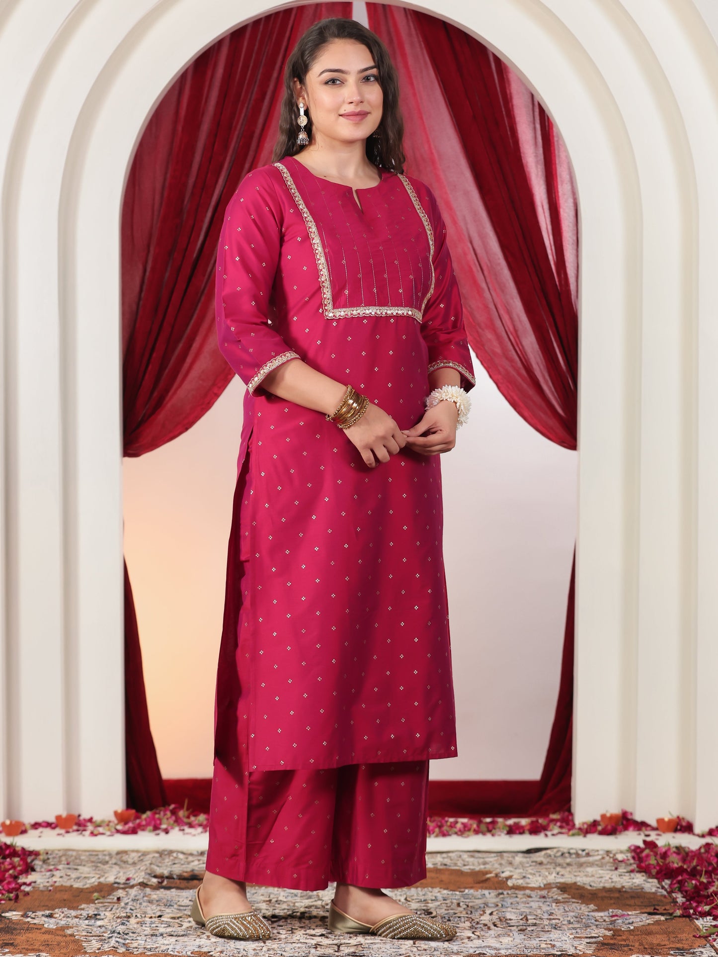 Chanderi Gold foil Straight Pink Kurta