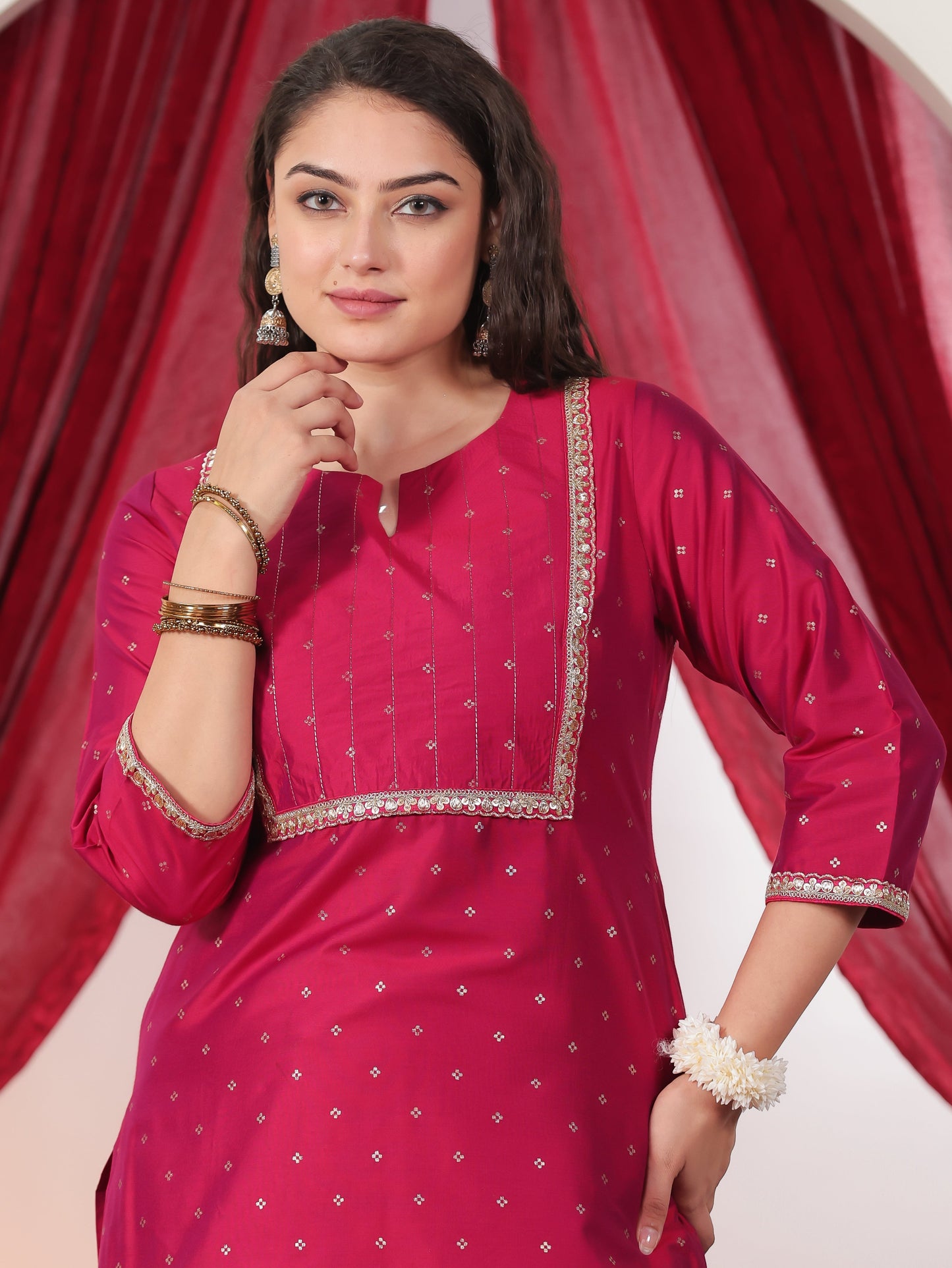 Chanderi Gold foil Straight Pink Kurta
