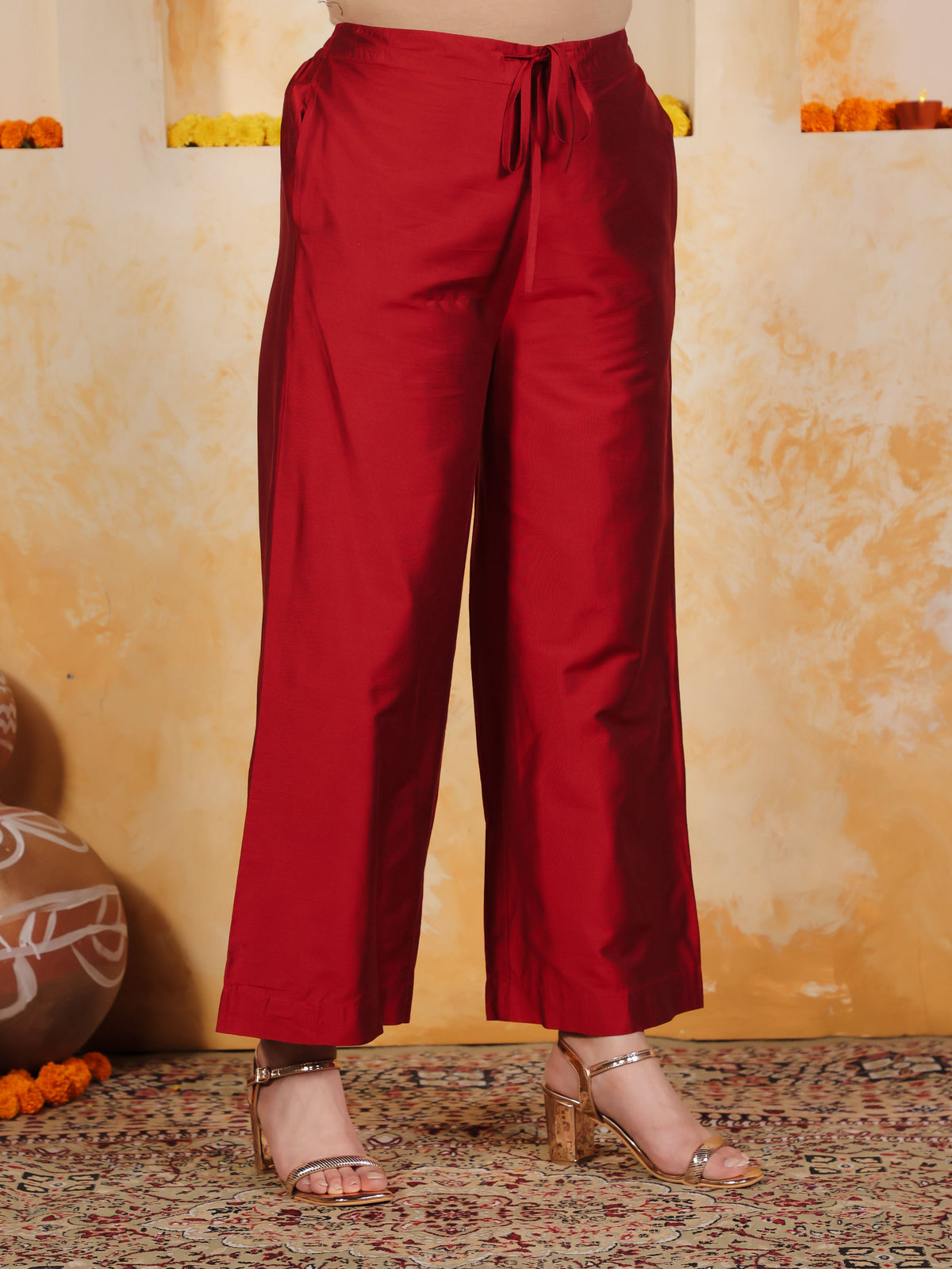 Blended Silk Solid Red Palazzo
