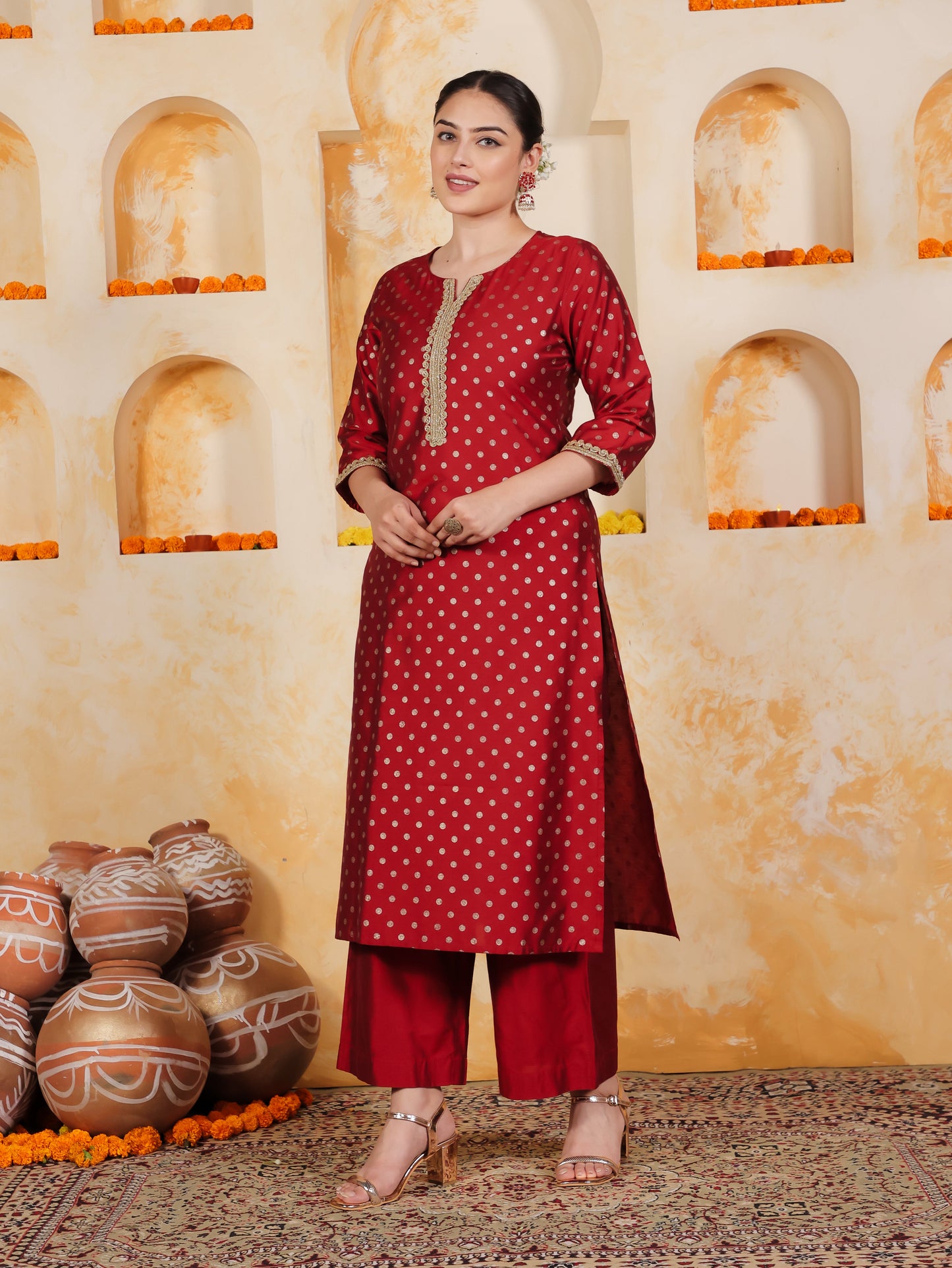 Blended Silk Gold foil Straight Red Kurta