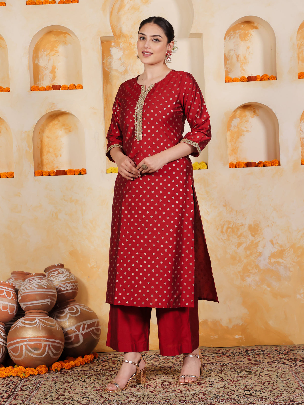 Blended Silk Gold foil Straight Red Kurta
