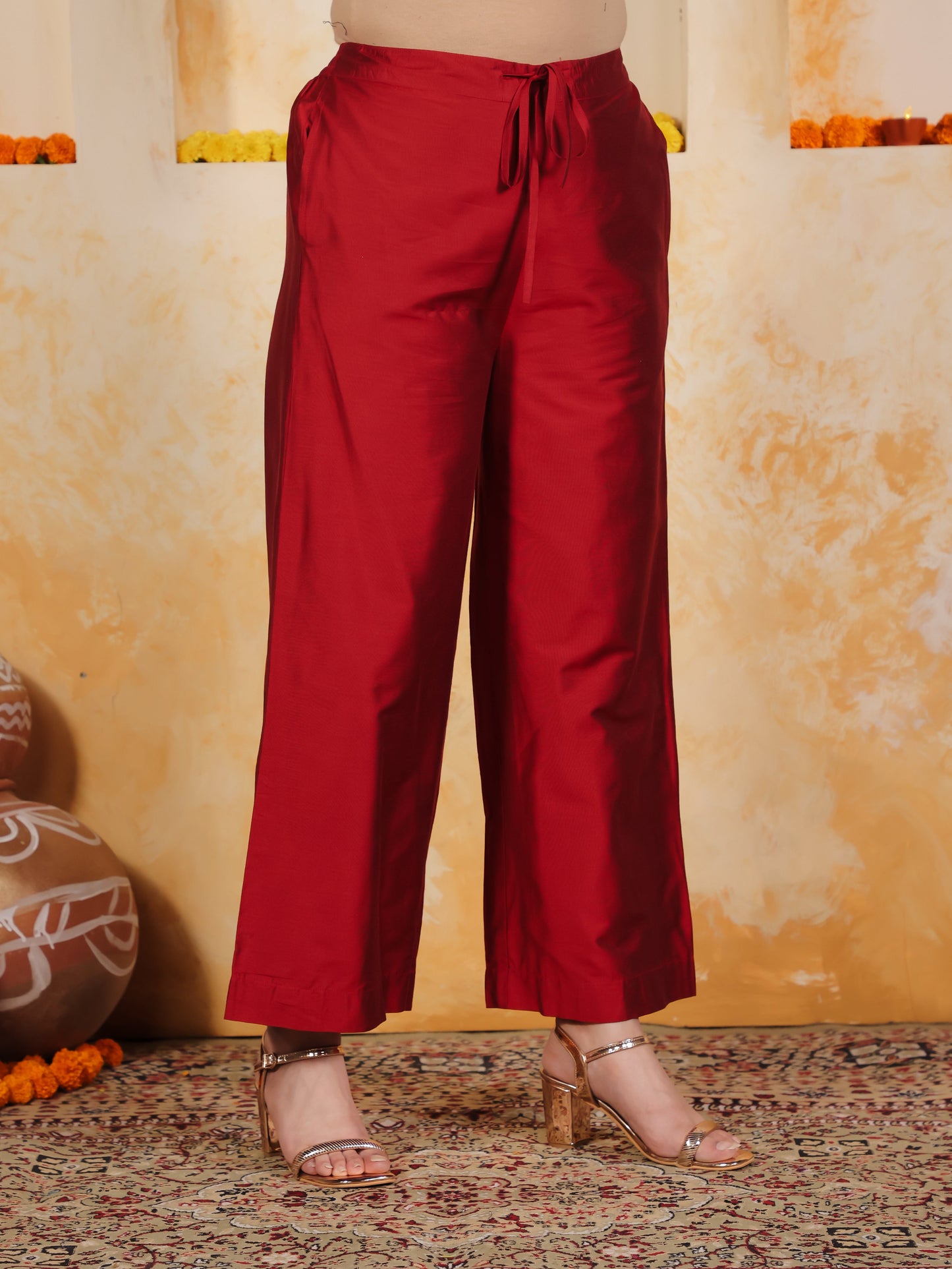 Blended Silk Gold foil Straight Red Kurta