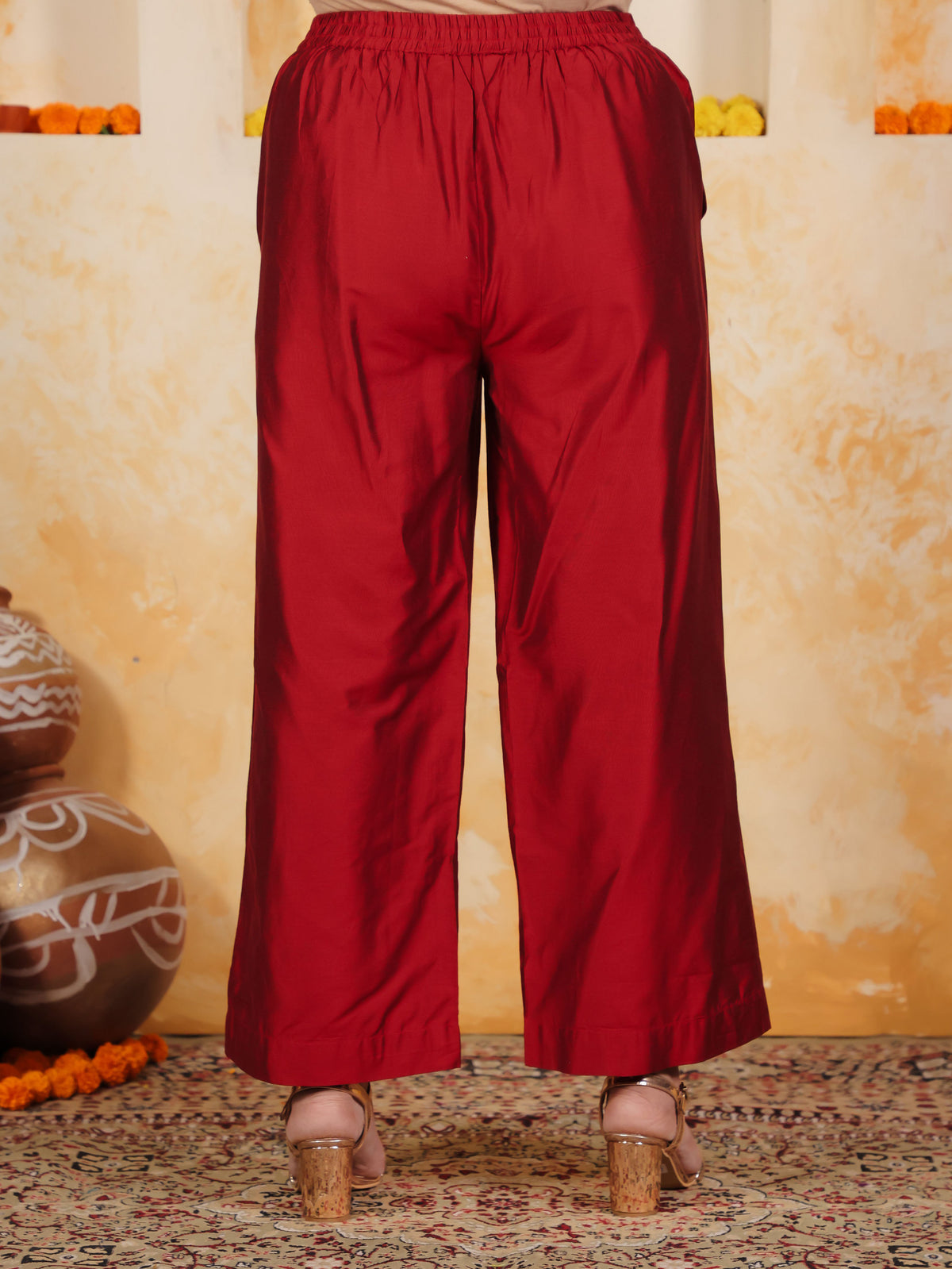 Blended Silk Gold foil Straight Red Kurta