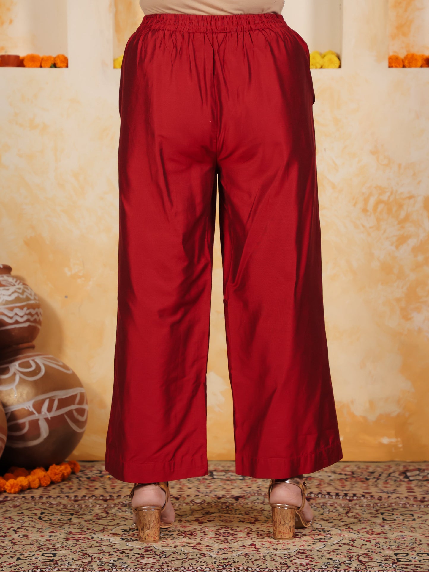 Blended Silk Gold foil Straight Red Kurta