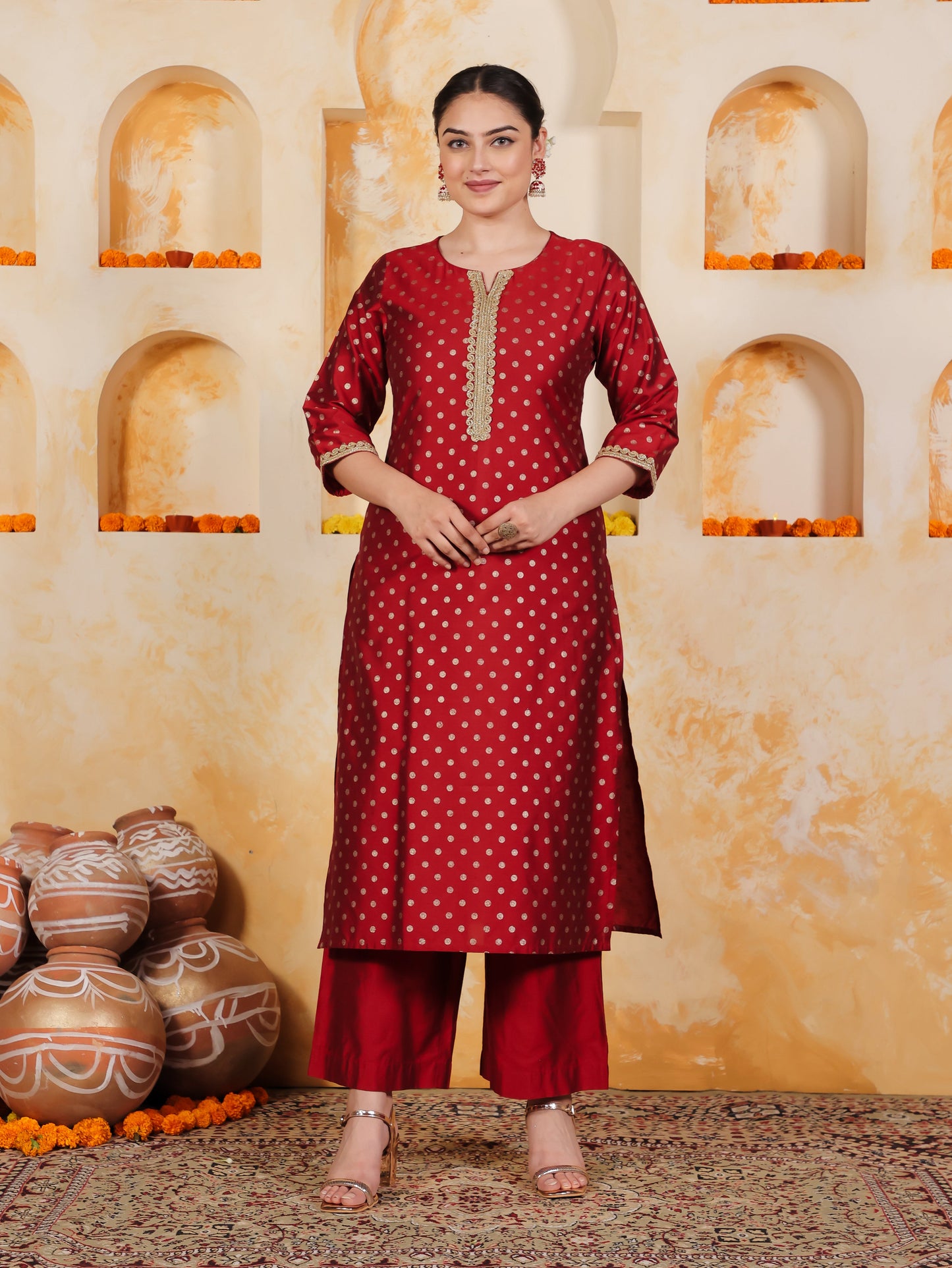 Blended Silk Gold foil Straight Red Kurta