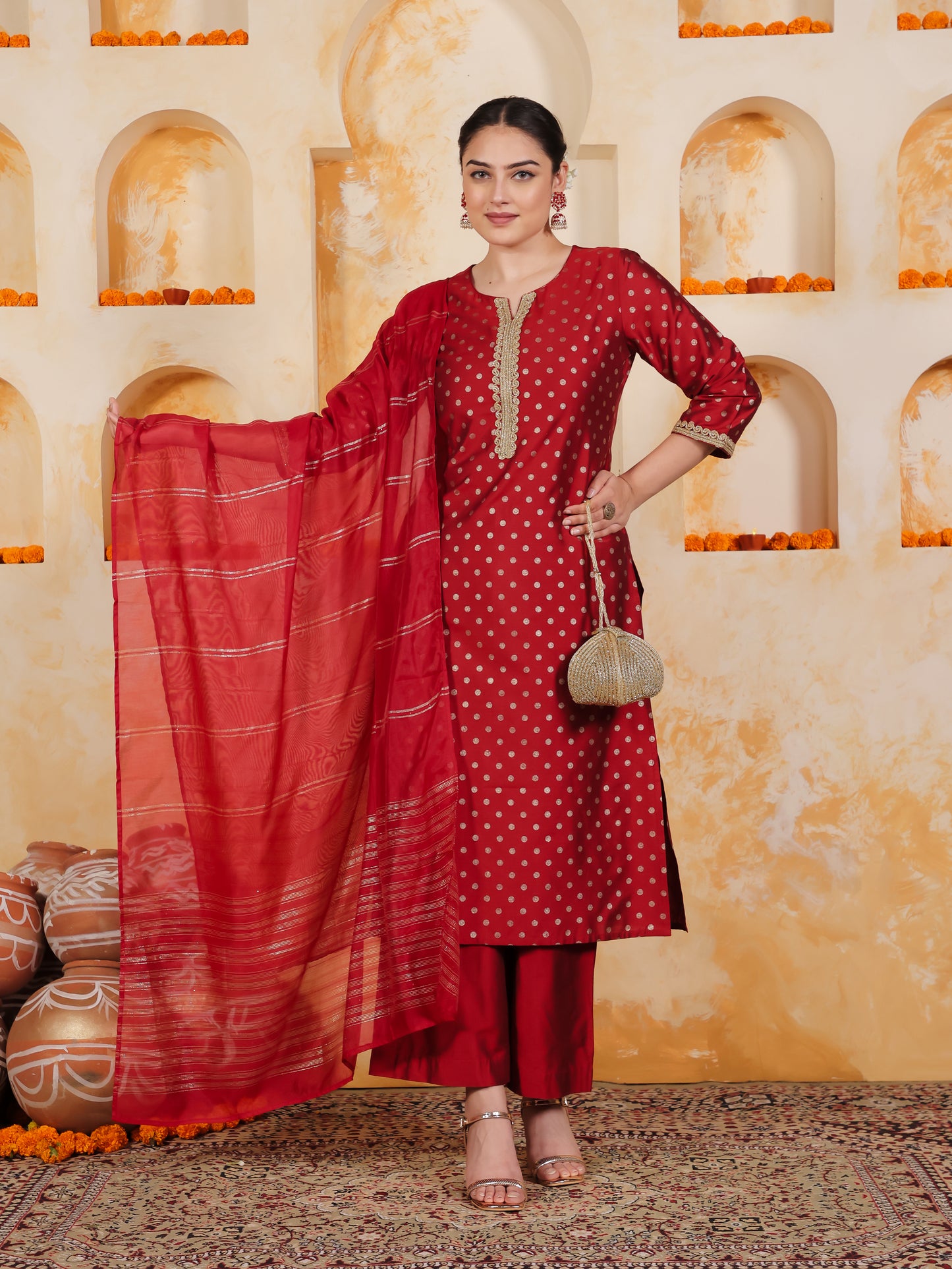 Blended Silk Gold foil Straight Red Kurta