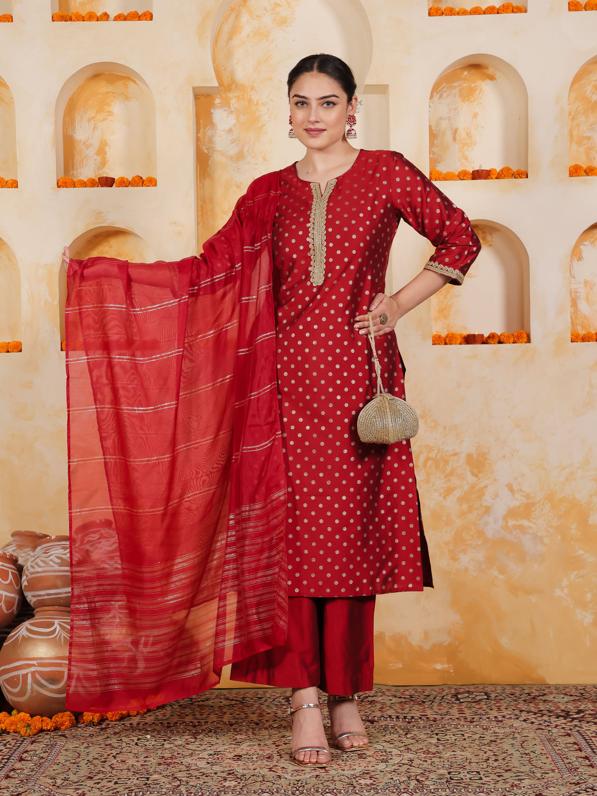 Blended Silk Gold foil Straight Red Kurta
