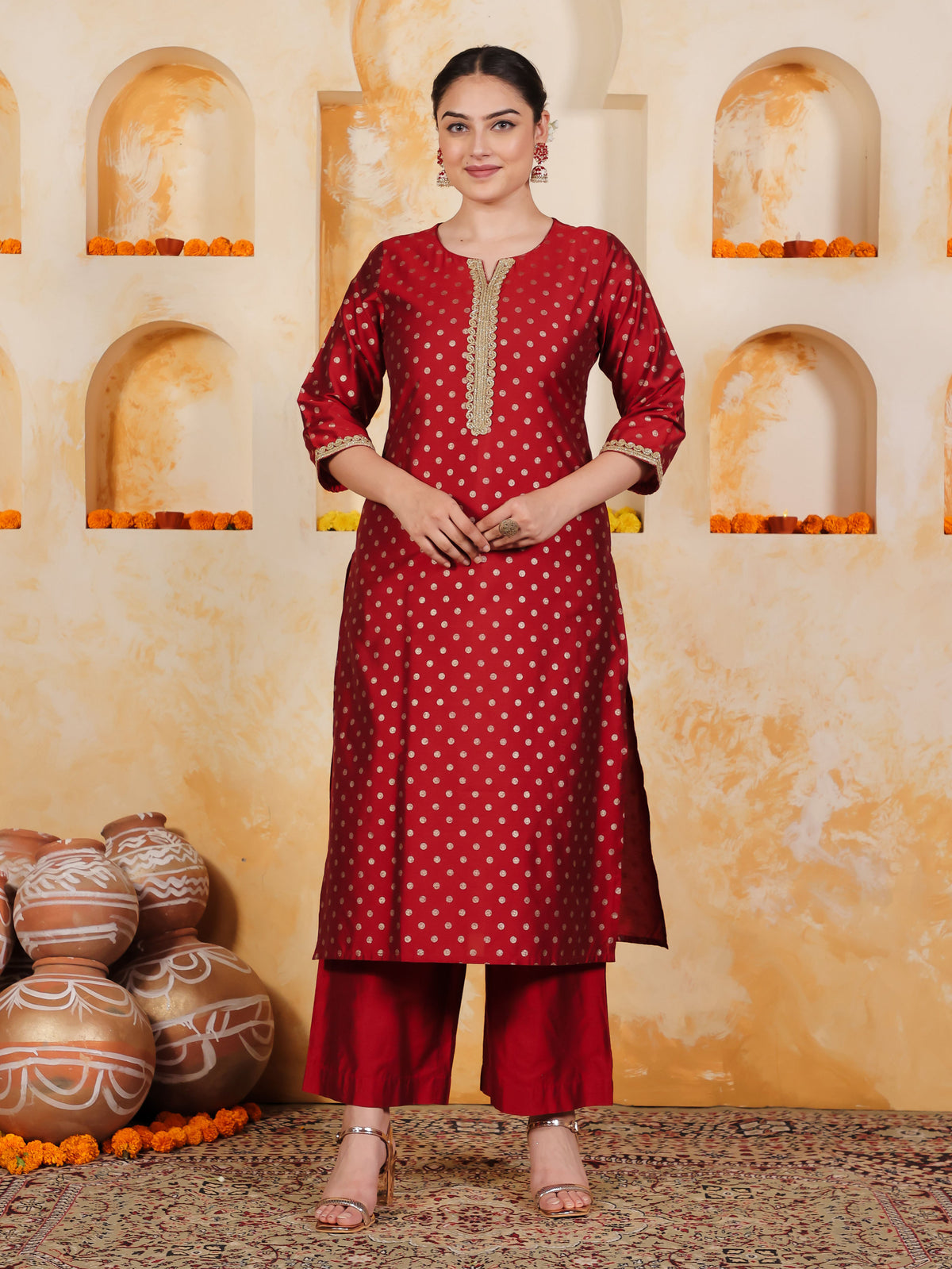 Blended Silk Gold foil Straight Red Kurta