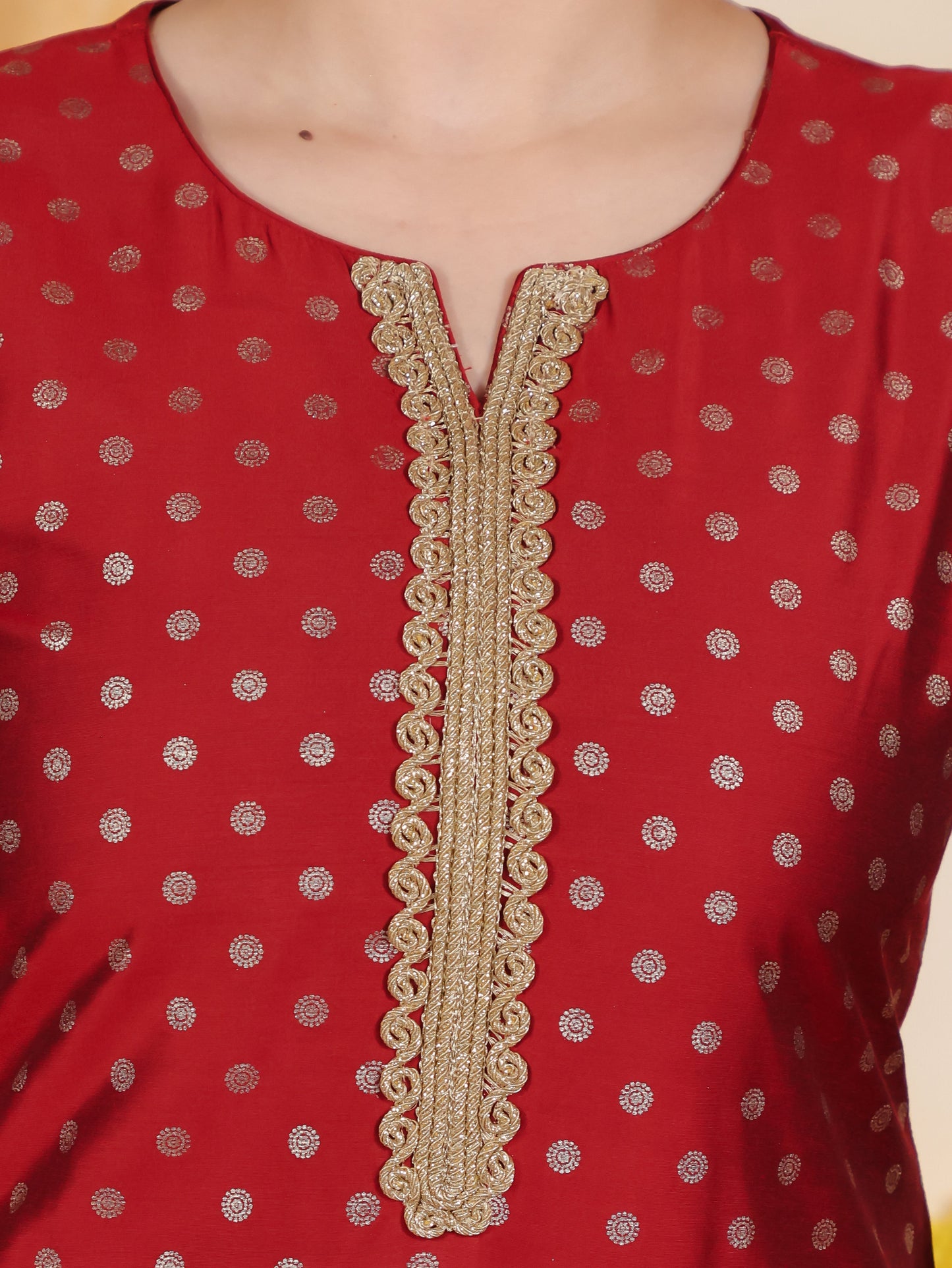 Blended Silk Gold foil Straight Red Kurta