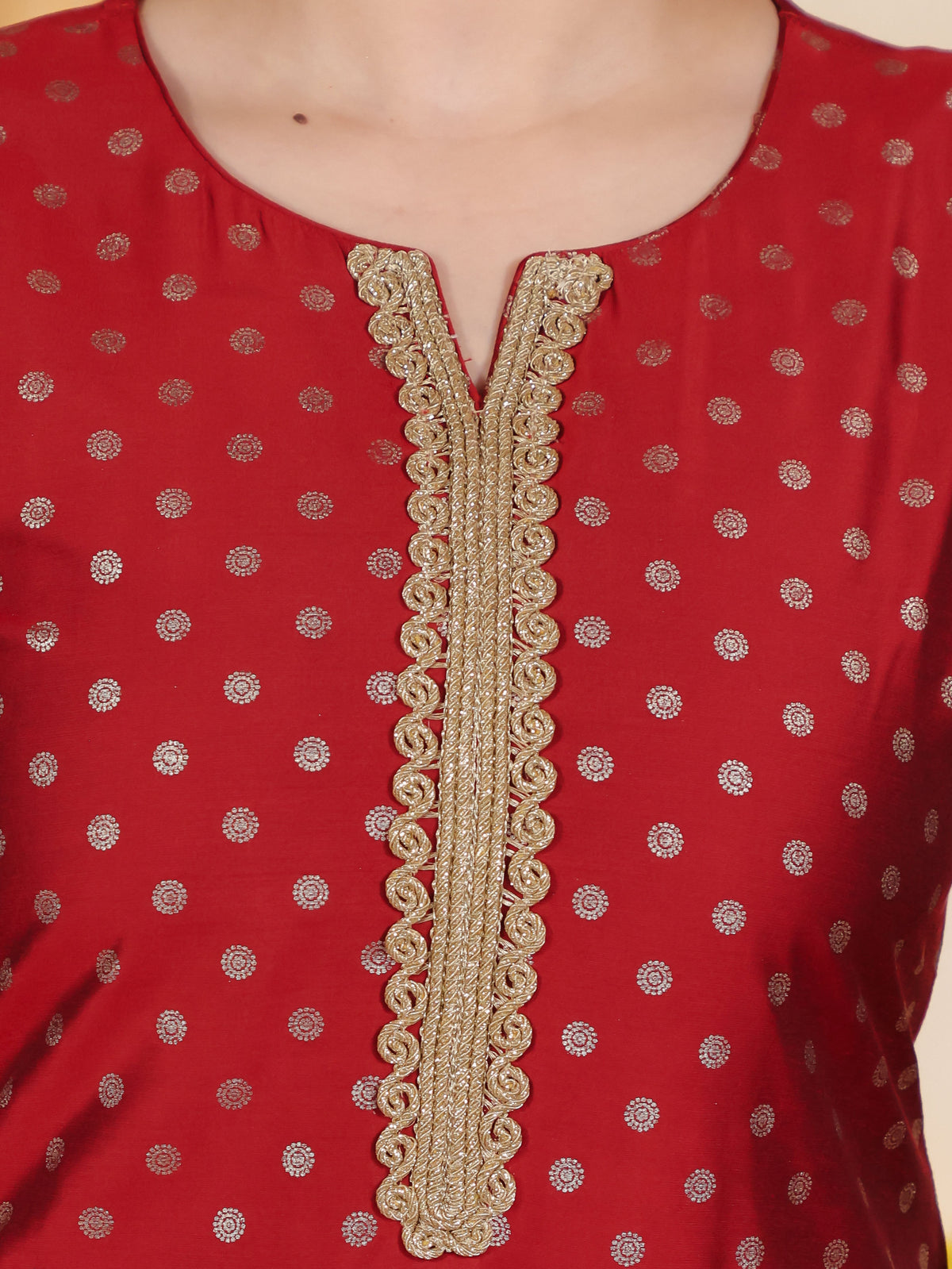 Blended Silk Gold foil Straight Red Kurta
