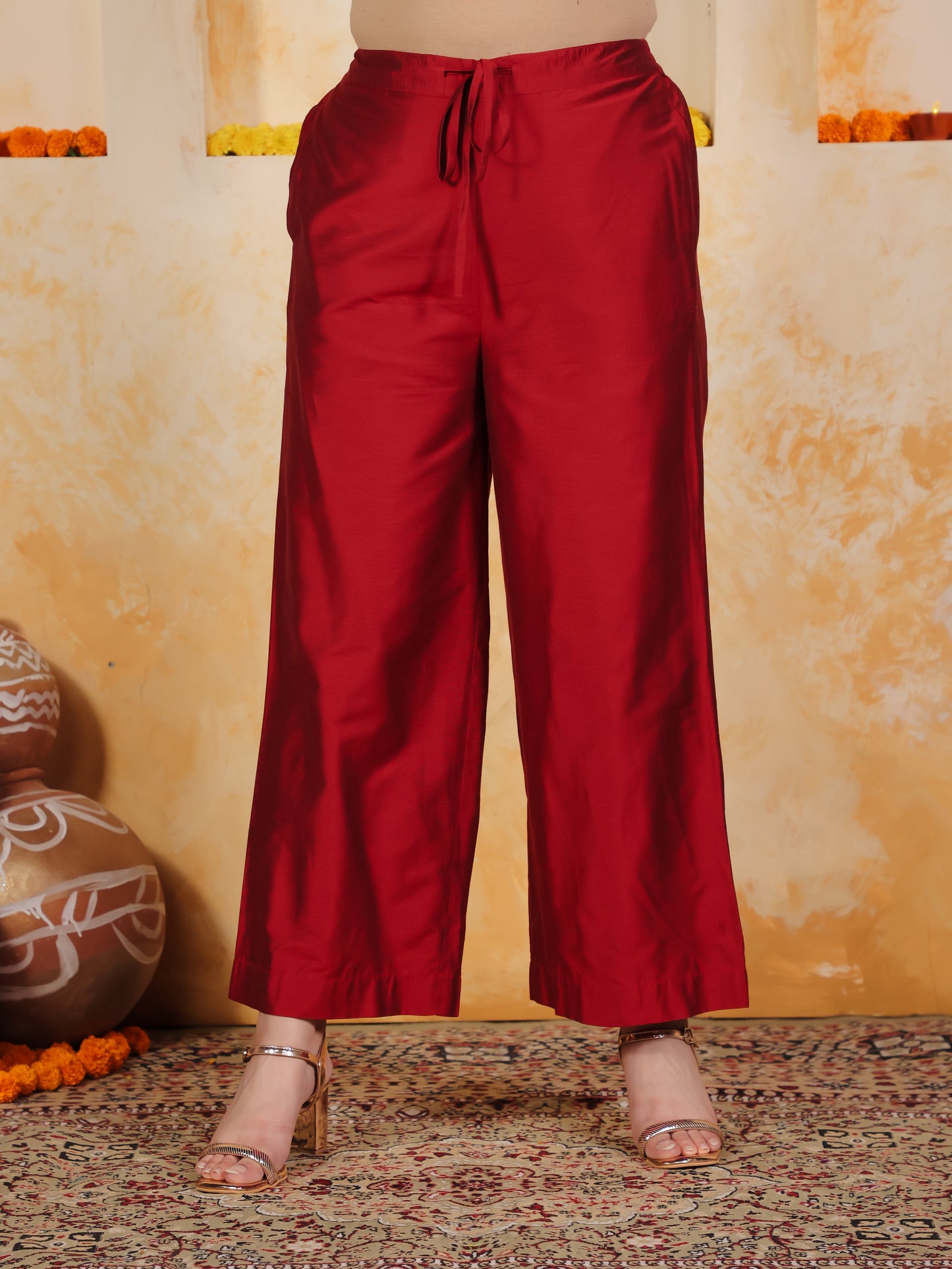 Blended Silk Gold foil Straight Red Kurta