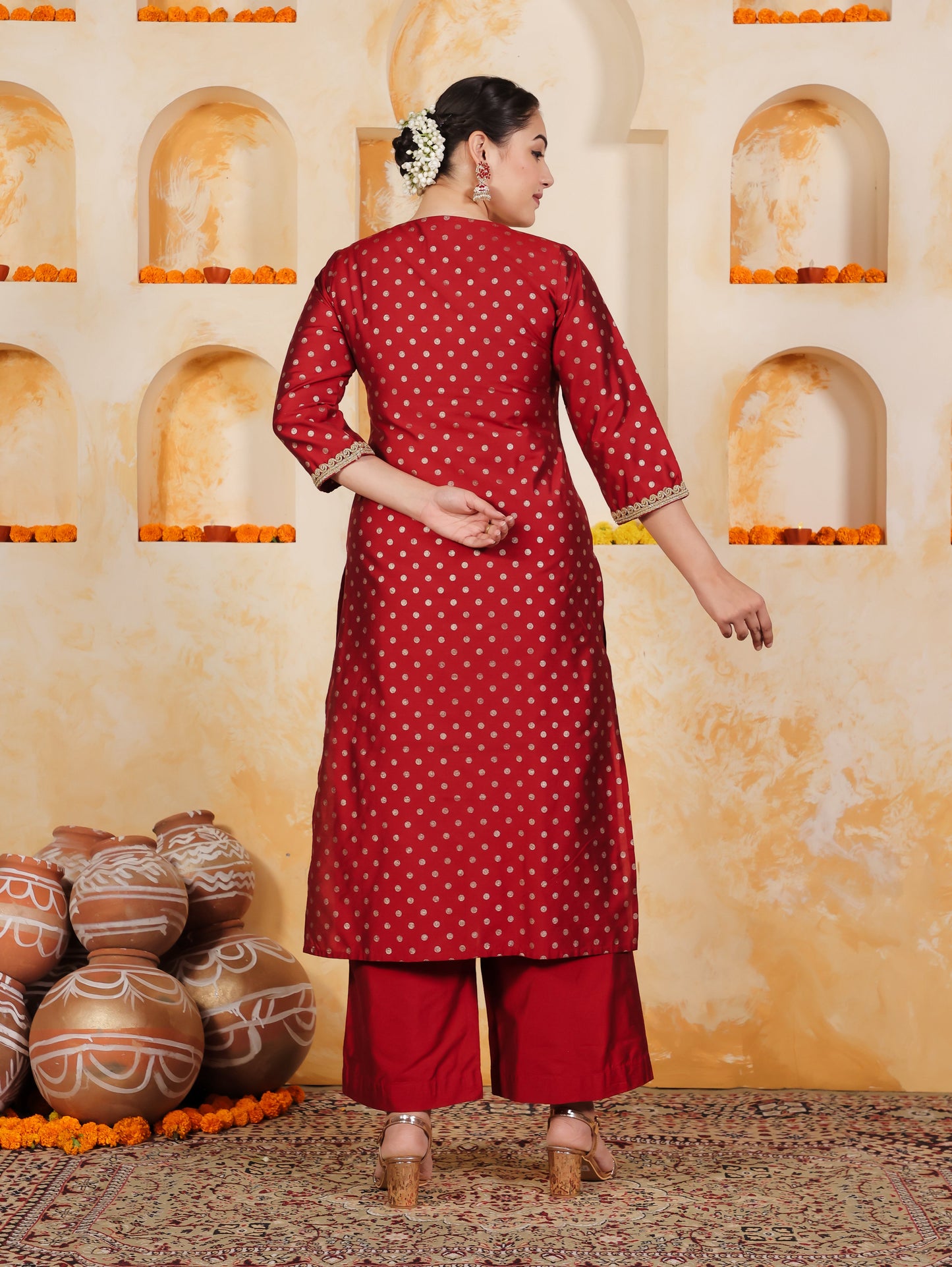 Blended Silk Gold foil Straight Red Kurta
