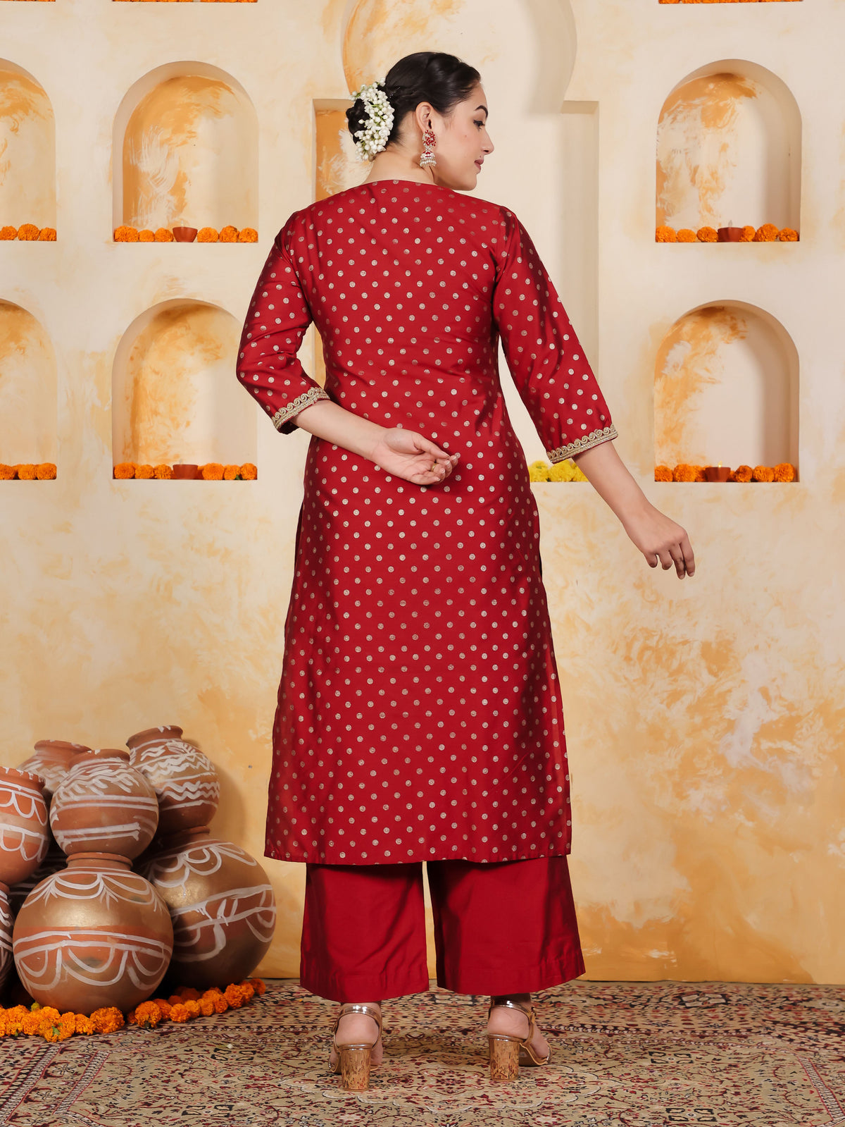 Blended Silk Gold foil Straight Red Kurta