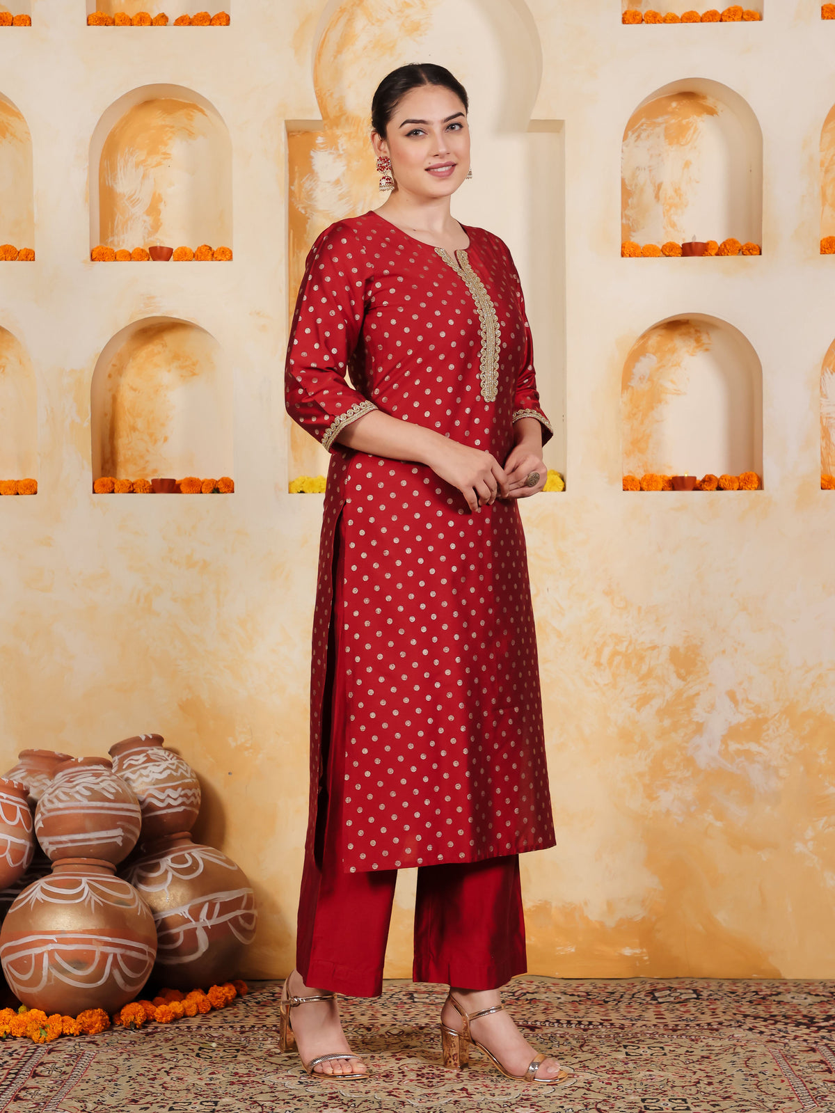 Blended Silk Gold foil Straight Red Kurta
