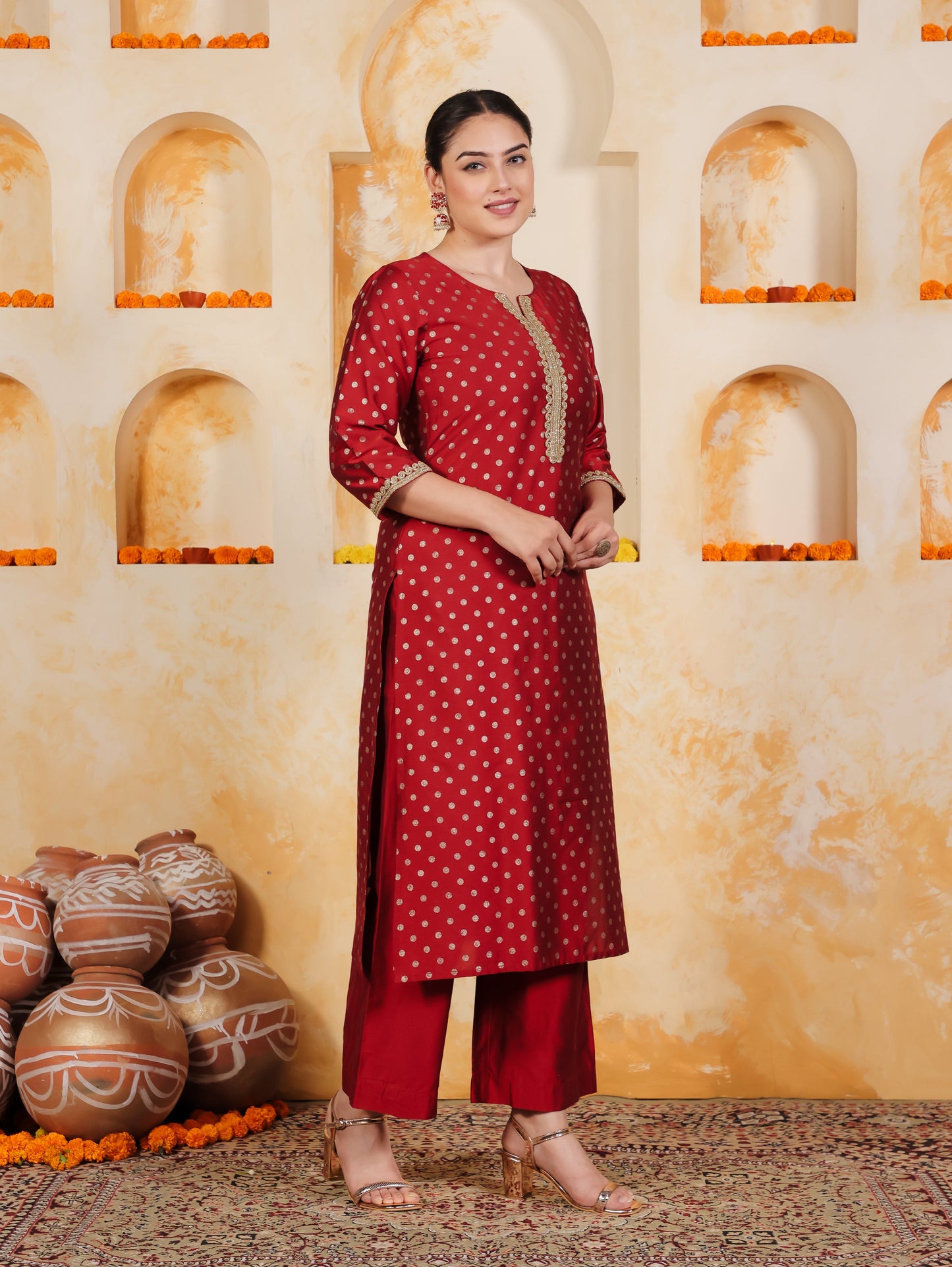 Blended Silk Gold foil Straight Red Kurta